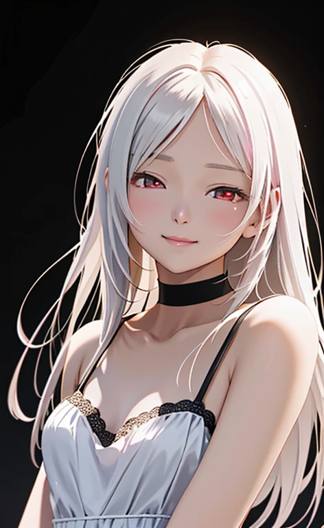 (Photorealistic:1.4)、asuna,(masterpiece、lens flare:1.5、spot light:1.2、Exquisite beautiful eyeonochrome:1.5,portlate、)、Cute Face、 3D Face、(white hair:1.5、Straight Hair)、(1 Girl)、(Red eyes:1.2)、(upper body)、(Sundress)、 (Cute face:1.2),(light smile:1.2),(half closed eyes:1.5),kind face,(Small breasts),(black background:1.5)、(glowing eyes:1.3)、()、 Neat and clean、Adorable、Slim Body(Tareme:1.5),Shiny Hair、(Glowing pink Skin)、Nijisketch,Manga,zydG