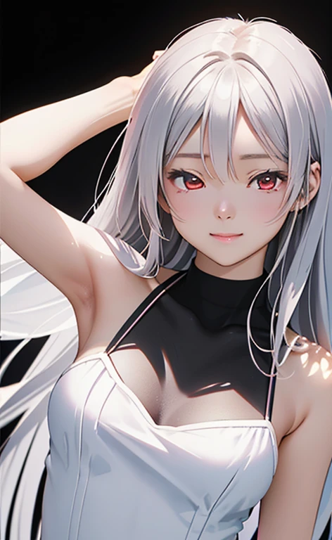 (Photorealistic:1.4)、asuna,(masterpiece、lens flare:1.5、spot light:1.2、Exquisite beautiful eyeonochrome:1.5,portlate、)、Cute Face、 3D Face、(white hair:1.5、Straight Hair)、(1 Girl)、(Red eyes:1.2)、(upper body)、(Sundress)、 (Cute face:1.2),(light smile:1.2),(half closed eyes:1.5),kind face,(Small breasts),(black background:1.5)、(glowing eyes:1.3)、()、 Neat and clean、Adorable、Slim Body(Tareme:1.5),Shiny Hair、(Glowing pink Skin)、Nijisketch,Manga,zydG