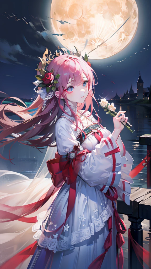 Maiden with roses in hand,Stand on a bridge in the moonlight,best qualtiy,Beautiful facial features,Rich expressions,Fingers of detail,4K high resolution。