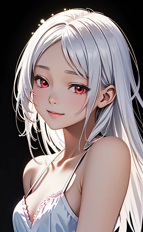 (Photorealistic:1.4)、asuna,(masterpiece、lens flare:1.5、spot light:1.2、Exquisite beautiful eyeonochrome:1.5,portlate、)、Cute Face、 3D Face、(white hair:1.5、Straight Hair)、(1 Girl)、(Red eyes:1.2)、(upper body)、(Sundress)、 (Cute face:1.2),(light smile:1.2),(half closed eyes:1.5),kind face,(Small breasts),(black background:1.5)、(glowing eyes:1.3)、()、 Neat and clean、Adorable、Slim Body(Tareme:1.5),Shiny Hair、(Glowing pink Skin)、Nijisketch,Manga,zydG