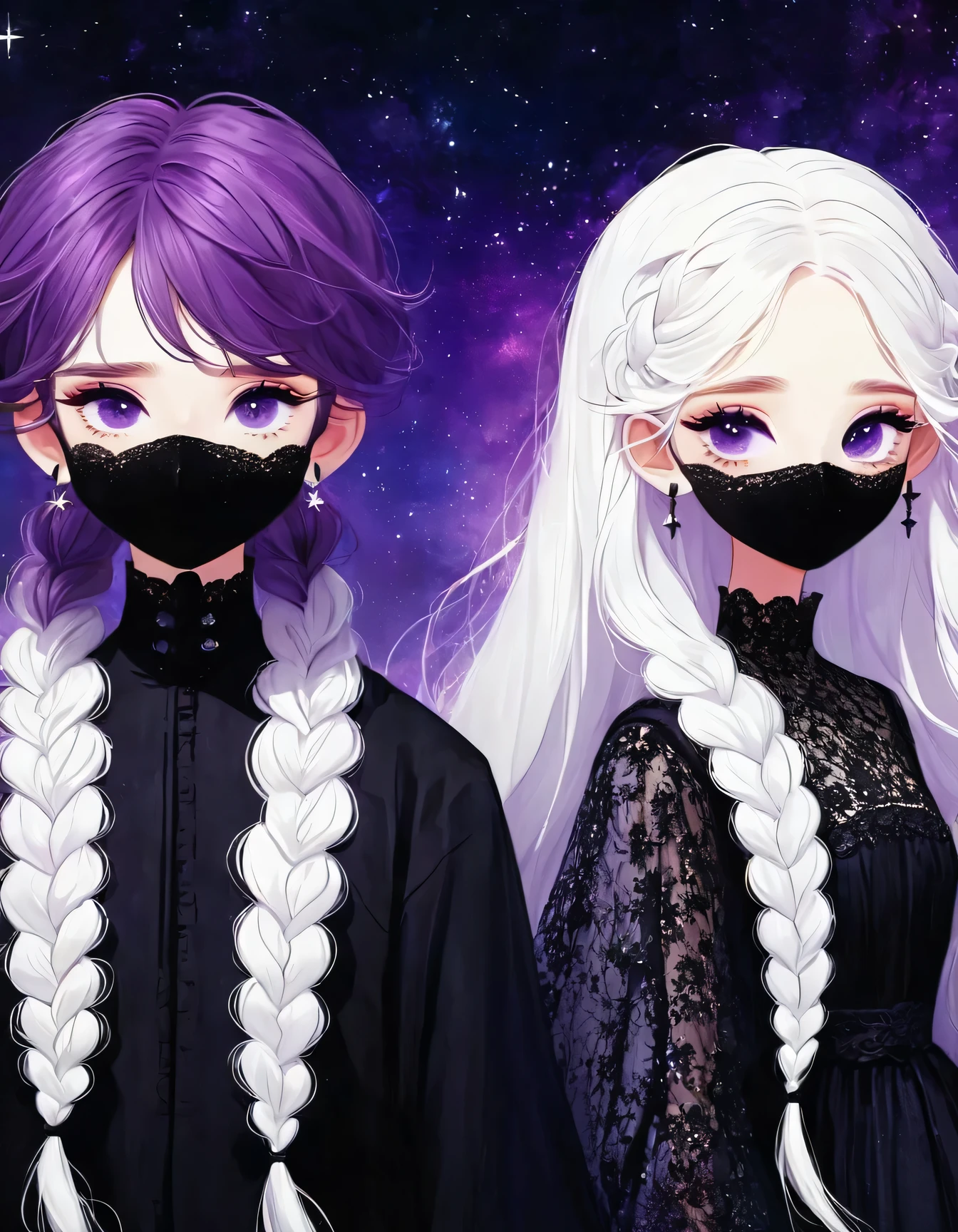 rough texture，Hand drawn style：A couple standing back to back，Fractal Art，yinji, purple hair, purple eyes, long hair, white hair, double braids, gradient hair, Gothic style clothing，Lace，Dark Fantasy，Dramatic lighting，cinematic composition, ，Theatrical atmosphere，Chiaroscuro，Gothic，Melancholy，mystery，Ethereal atmosphere，universe，Psychedelic，dream，fear，Milky Way, Night sky, Star,