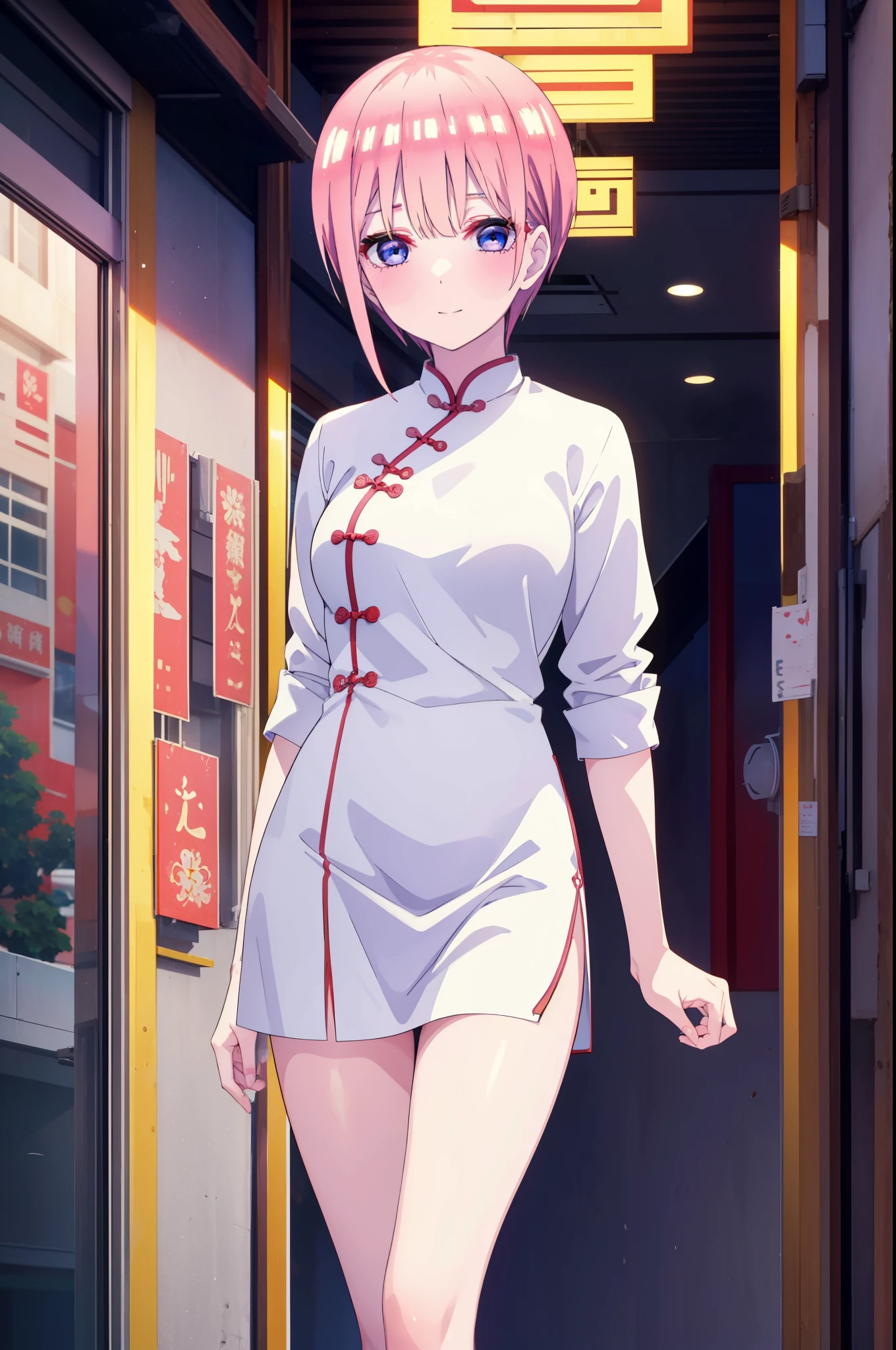 ichikanakano, ichika nakano, short hair, bangs, blue eyes, Hair between the eyes, Pink Hair, smile,smile,blush,Open your mouth,White cheongsam,White China Slit,Black pantyhose,Stiletto heels,Put your arms behind your back and look,To include nudity in the illustrations,
break ourdoors, Chinese-style cityscape, break looking at viewer, whole body,
break (masterpiece:1.2), highest quality, High resolution, unity 8k wallpaper, (shape:0.8), (Fine and beautiful eyes:1.6), Highly detailed face, Perfect lighting, Highly detailed CG, (Perfect hands, Perfect Anatomy),