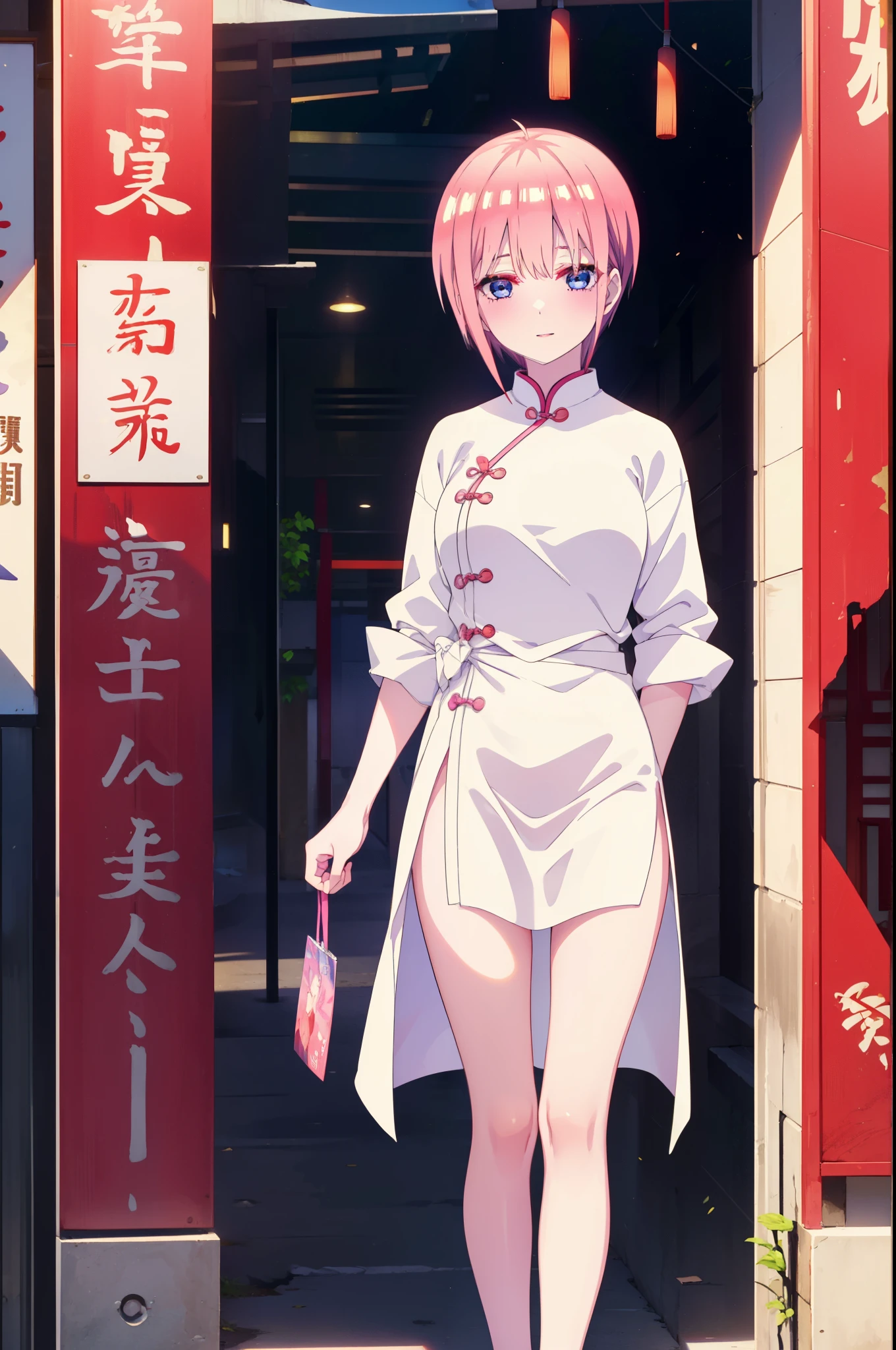 ichikanakano, ichika nakano, short hair, bangs, blue eyes, Hair between the eyes, Pink Hair, smile,smile,blush,Open your mouth,White cheongsam,White China Slit,Black pantyhose,Stiletto heels,Put your arms behind your back and look,To include nudity in the illustrations,
break ourdoors, Chinese-style cityscape,                           break looking at viewer, whole body,
break (masterpiece:1.2), highest quality, High resolution, unity 8k wallpaper, (shape:0.8), (Fine and beautiful eyes:1.6), Highly detailed face, Perfect lighting, Highly detailed CG, (Perfect hands, Perfect Anatomy),