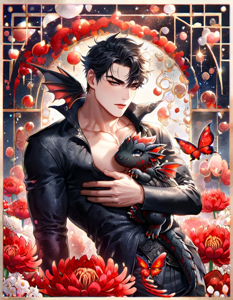 (absurdres, highres, ultra detailed, HDR) master piece, best quality, Yoo Joonghyuk, black hair, expressive gray eyes, omniscient reader's view point, solo, sexy man, hugging a small dragon, handsome, toned chest, black clothes, patterns, magical fantasy, red butterflies, glittering, sparkling, red spider lilies, petals, radiant
