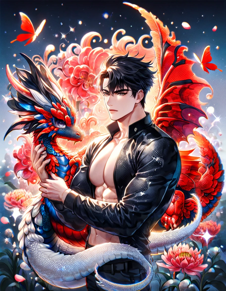 (absurdres, highres, ultra detailed, HDR) master piece, best quality, Yoo Joonghyuk, black hair, expressive gray eyes, omniscient reader's view point, solo, sexy man, hugging a small dragon, handsome, toned chest, black clothes, patterns, magical fantasy, red butterflies, glittering, sparkling, red spider lilies, petals, radiant
