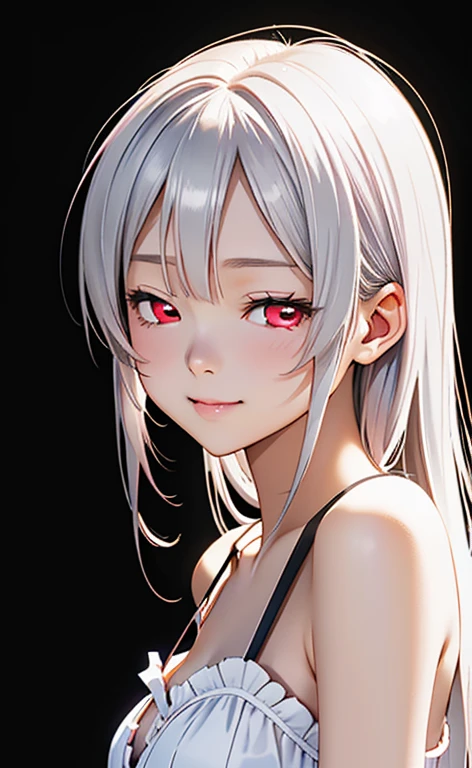 (Photorealistic:1.4)、asuna,(masterpiece、lens flare:1.5、spot light:1.2、Exquisite beautiful eyeonochrome:1.5,portlate、)、Cute Face、 3D Face、(white hair:1.5、Straight Hair)、(1 Girl)、(Red eyes:1.2)、(upper body)、(Sundress)、 (Cute face:1.2),(light smile:1.2),(half closed eyes:1.5),kind face,(Small breasts),(black background:1.5)、(glowing eyes:1.3)、()、 Neat and clean、Adorable、Slim Body(Tareme:1.5),Shiny Hair、(Glowing pink Skin)、Nijisketch,Manga,zydG