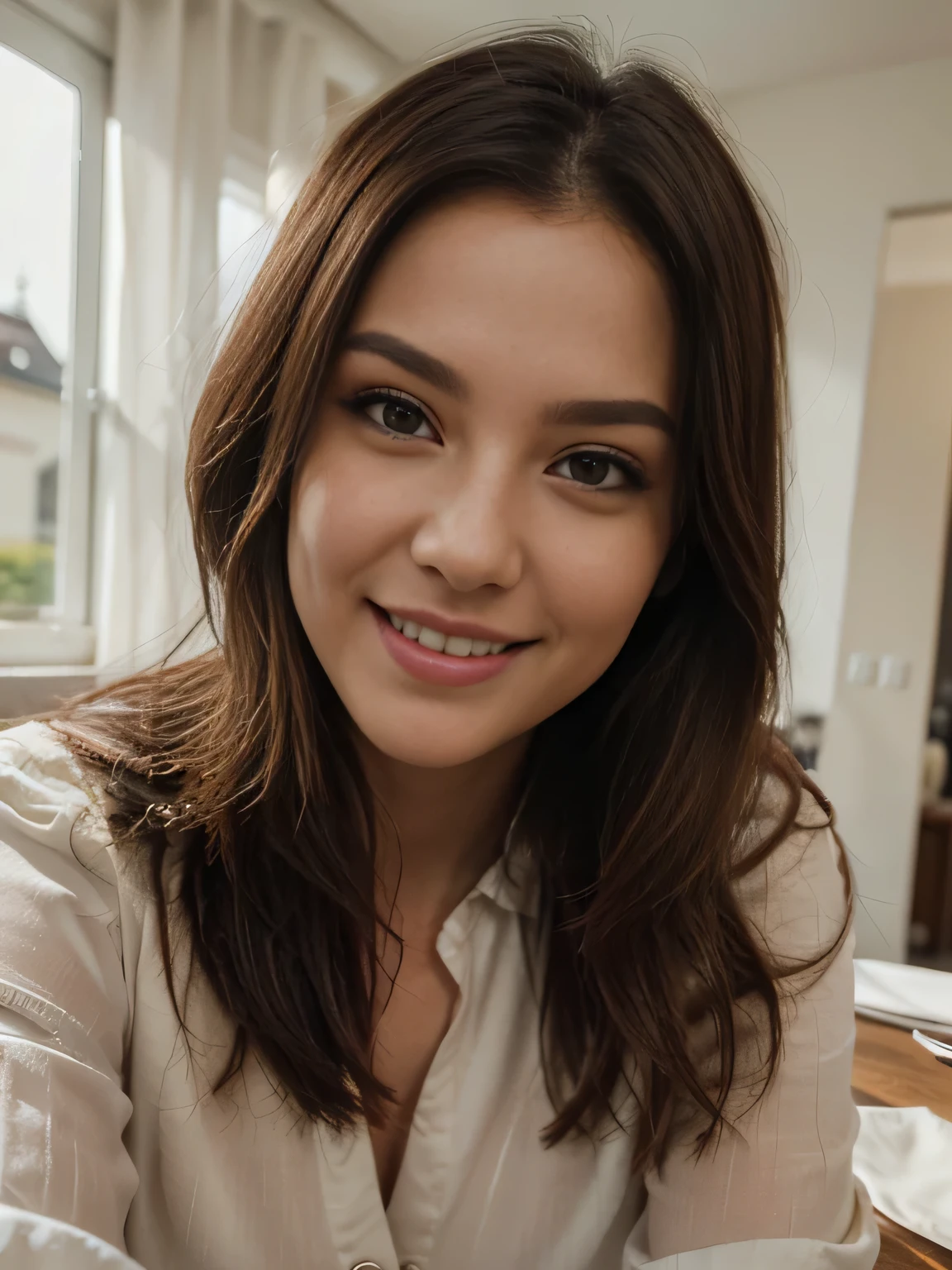 (Best quality:1.4), (Fotorealistisch:1.4), (best qualitiy, ultra 4k) Die junge Frau (22 Jahre alt) is of stature and radiates a natural beauty, which is emphasized by her brunette hair, that fall gently over their shoulders. Her face is characterized by a delicate charisma, with thin lips, die einem leichten Bogen folgen, and thin eyes, die eine tiefe, but have restrained expressiveness. The thin eyebrows give her face a gentle contour, while her nose is fine and narrow, with a slightly upward pointing tip, die ihr einen subtilen asiatischen Touch verleiht.
The model sits at her dining table and looks into the camera with a smile. (mund auf) (White teeth). She holds her arms forward as if she were holding another hand. Das licht ist klar und deutlich. (Kein Selfie) Das model ist weiter weg von der kamera (Full Body)