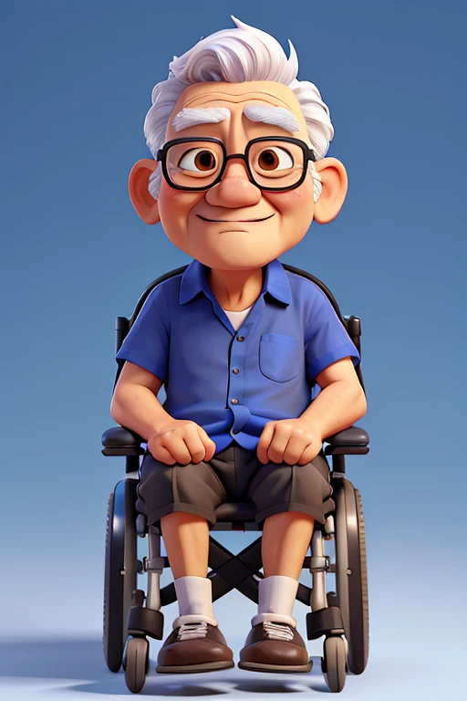 Cartoon character of 1 old Asian man in a wheelchair with black glasses and a blue shirt, white hair, simple clean background, best quality, high detailed, sharp focus