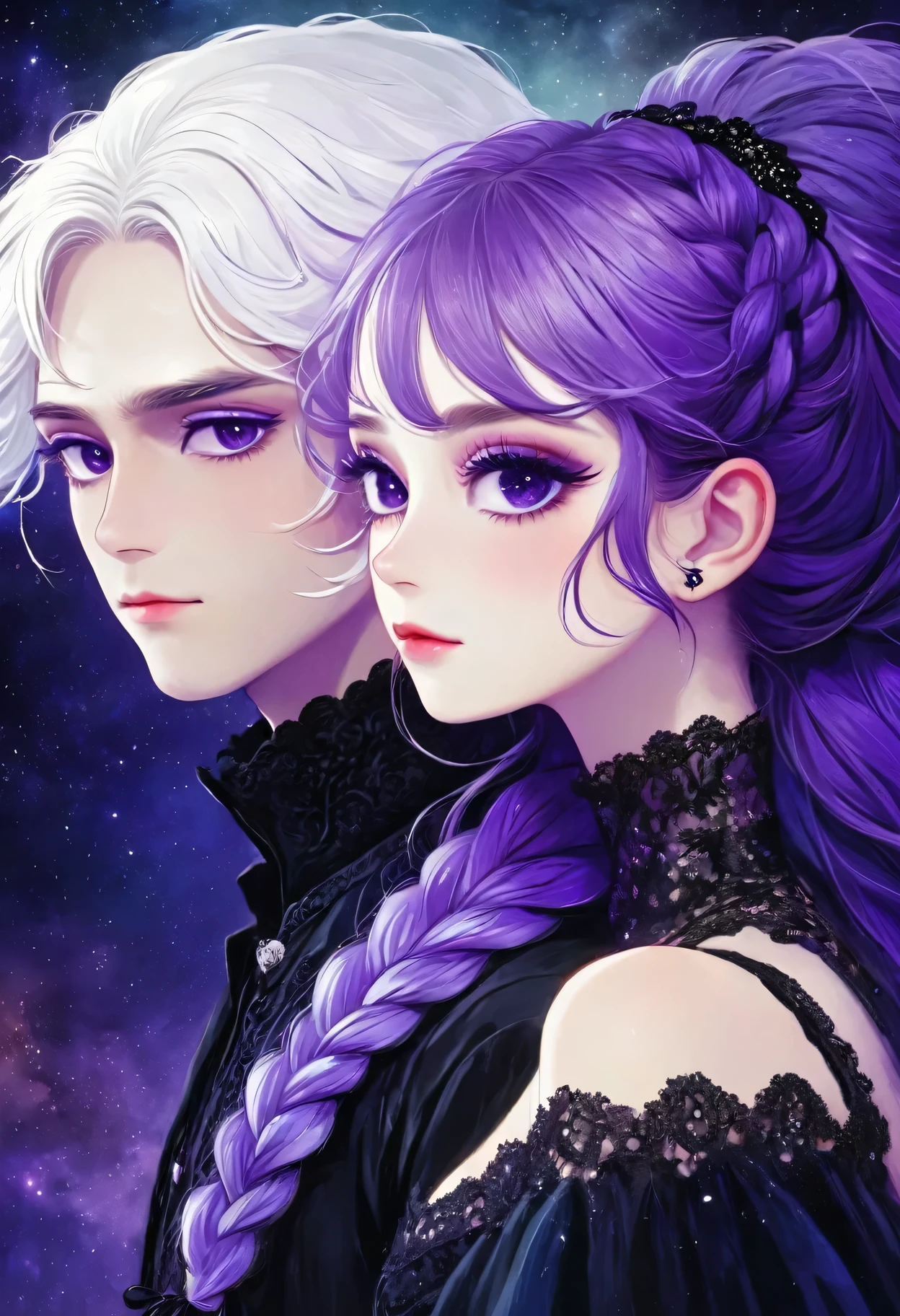 rough texture,Hand drawn style:A couple standing side by side,Fractal Art,yinji, purple hair, purple eyes, long hair, white hair, double braids, gradient hair, Gothic style clothing,Lace surgical mask,Dark Fantasy,Dramatic lighting,cinematic composition, Theatrical atmosphere,Chiaroscuro,Gothic,Melancholy,mystery,Ethereal atmosphere,universe,Psychedelic,dream,fear,Milky Way, Night sky, Star,
