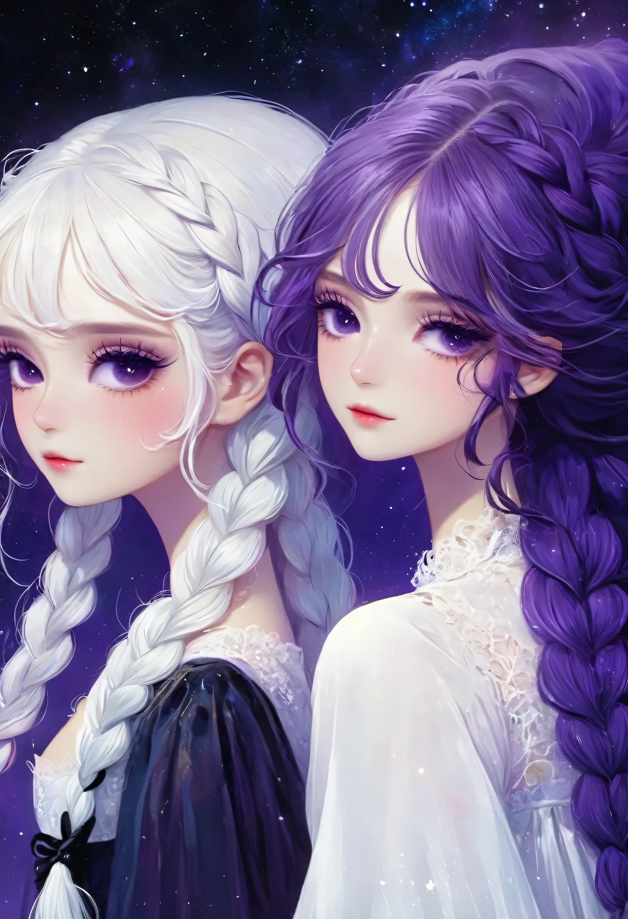 rough texture，Hand drawn style：A couple standing side by side，Fractal Art，yinji, purple hair, purple eyes, long hair, white hair, double braids, gradient hair, Gothic style clothing，Lace surgical mask，Dark Fantasy，Dramatic lighting，cinematic composition, Theatrical atmosphere，Chiaroscuro，Gothic，Melancholy，mystery，Ethereal atmosphere，universe，Psychedelic，dream，fear，Milky Way, Night sky, Star,