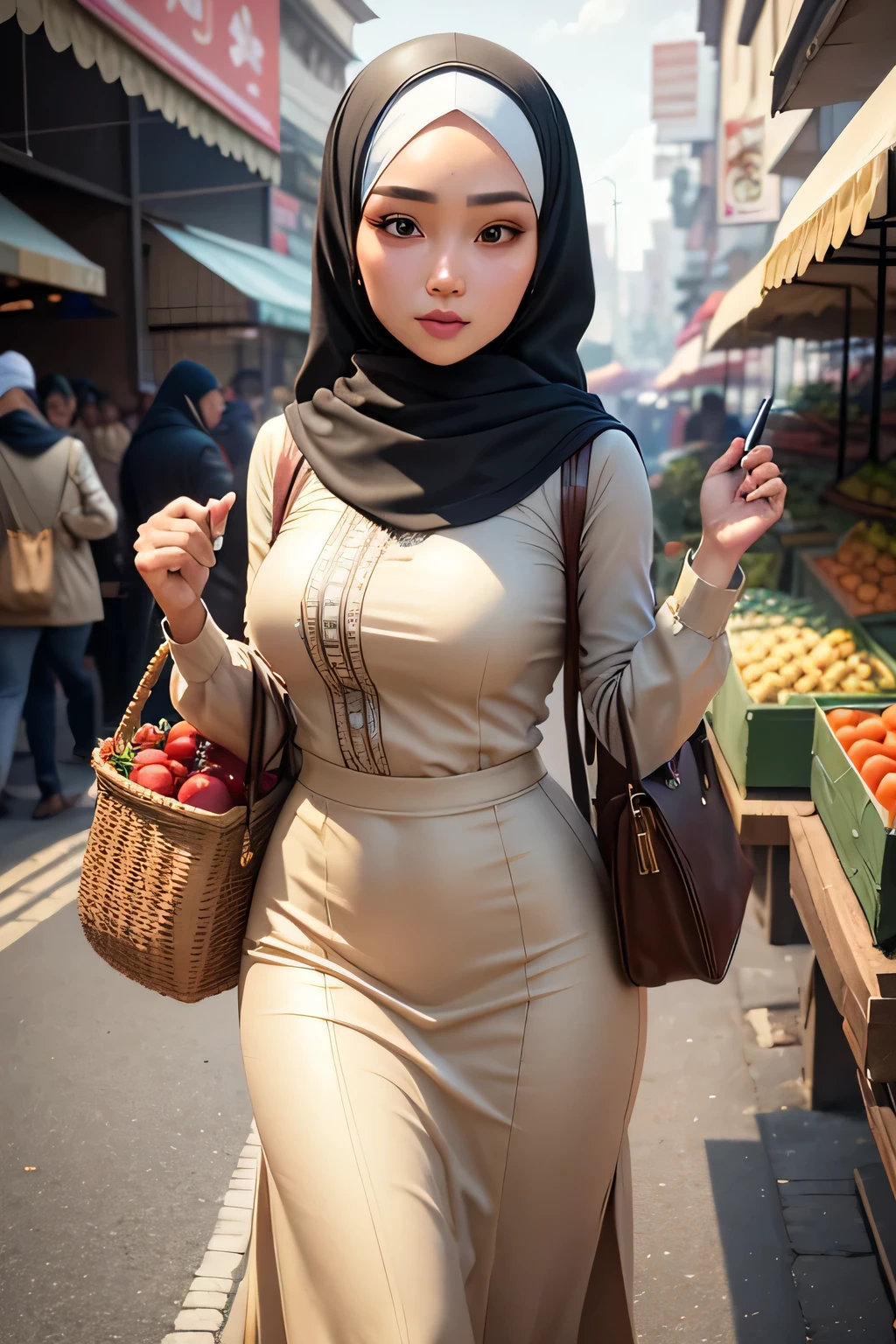 masterpiece, ultra realistic,32k,intricate details, 3D caricature of a 25 year old Indonesian woman. beautiful face, wearing a hijab, ideal body, carrying a vegetable basket bag, full view photo, busy market background, RAW, Best quality, high resolution.