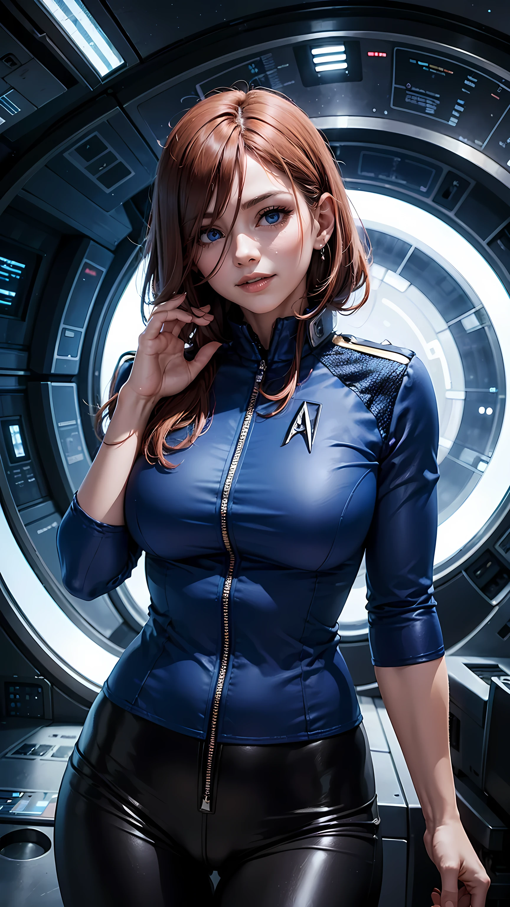 Beautiful hair woman is shown to have a sexy figure, She is wearing classic star trek all blue uniform, blue shirt, black pants, jewelry, she has blue eyes, smile tease look, Girl standing on a command bridge of a starship, poseing, portrait, superior quality, many details, realistic