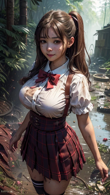 school girl in forest , tropical rainforest , waistband of skirt is at the point above chest , school girl big breast , red knot , red bow , skirt dark red , plaid skirt , pleated skirt , dirty white Shirt , realisitic、top-quality、crisp photos 、a lot of garbage and junk 、((beautiful a girl、Constricted waist、Neat face、Most beautiful face、Elaborate face、dense dirty brown hair、Refreshing look、Pleasant look、Happy expression、Joy covered in filth、Glad to get dirty))、(dirty school girl uniform、Tangier、brawn hair)、((long and beautiful legs are dirty、Lying face down on filth、Girl with beautiful ass、Scoop out filth with both hands、Beautiful girl's hair is covered in mud、The joy of lying in dirty sewage))、(((I want to smear filth all over my body.、A large amount of sewage flows down the head、The whole body is full of filth、Stick out your buttocks and open your legs、a large amount of dirty garbage and waste,,、Heaps of garbage)) , twin tails hair , dirty white Pantyhose , School shoes, dirty white socks