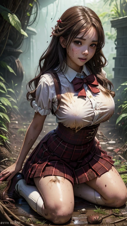 school girl in forest , tropical rainforest , waistband of skirt is at the point above chest , school girl big breast , red knot , red bow , skirt dark red , plaid skirt , pleated skirt , dirty white Shirt , realisitic、top-quality、crisp photos 、a lot of garbage and junk 、((beautiful a girl、Constricted waist、Neat face、Most beautiful face、Elaborate face、dense dirty brown hair、Refreshing look、Pleasant look、Happy expression、Joy covered in filth、Glad to get dirty))、(dirty school girl uniform、Tangier、brawn hair)、((long and beautiful legs are dirty、Lying face down on filth、Girl with beautiful ass、Scoop out filth with both hands、Beautiful girl's hair is covered in mud、The joy of lying in dirty sewage))、(((I want to smear filth all over my body.、A large amount of sewage flows down the head、The whole body is full of filth、Stick out your buttocks and open your legs、a large amount of dirty garbage and waste,,、Heaps of garbage)) , twin tails hair , dirty white Pantyhose , School shoes, dirty white socks