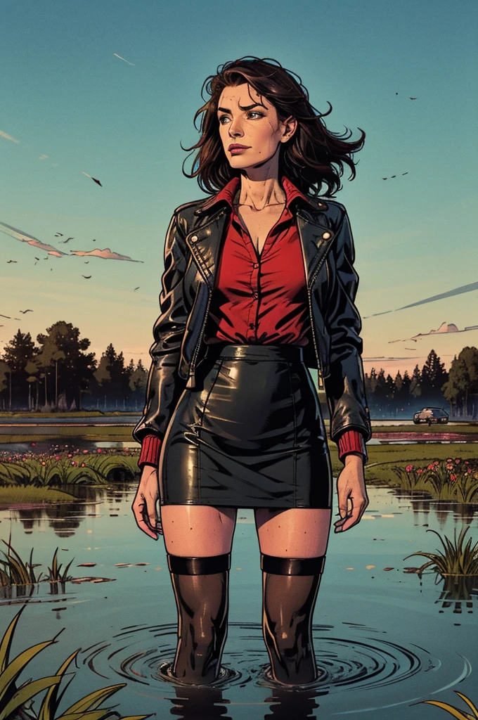 drowning in the middle of the bog, (mature facial features), blouse, leather jacket, stockings, pencil skirt, green,red, blue, early morning sky