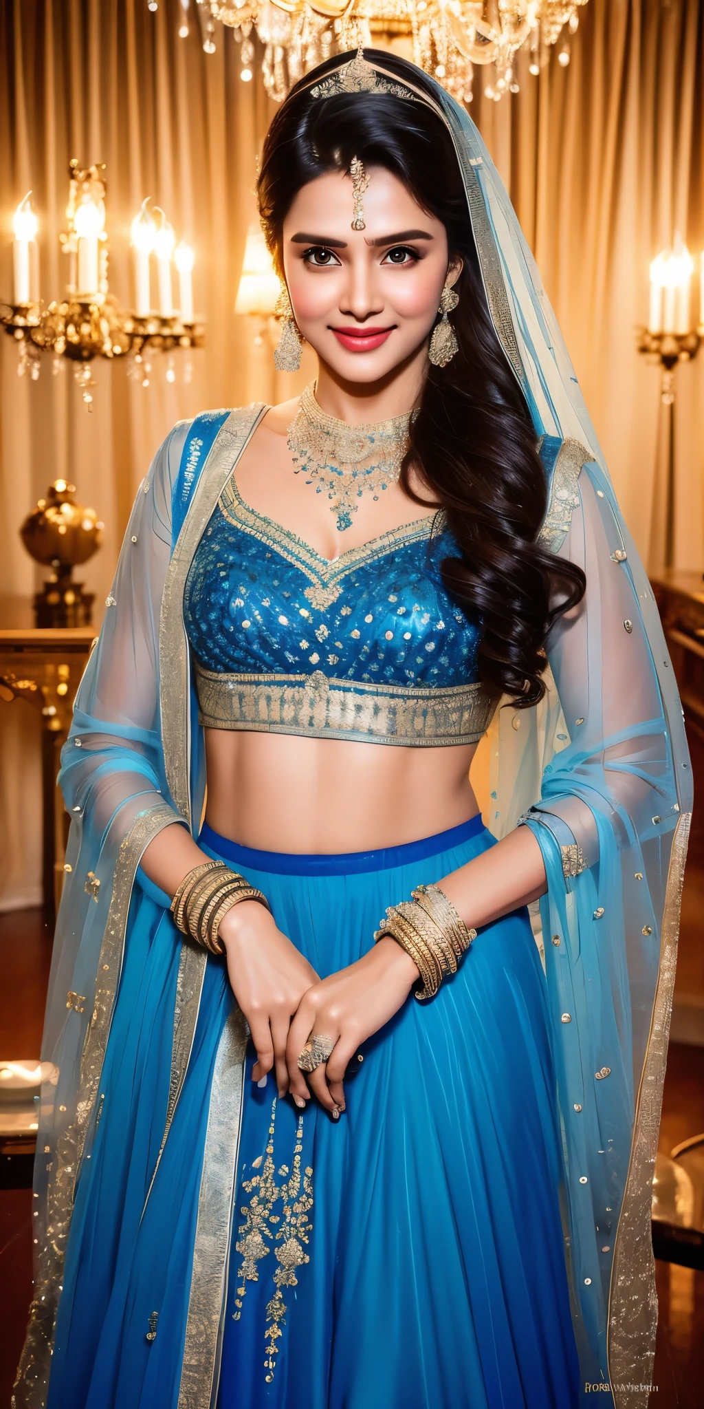 a close up of a woman in a blue dress standing in front of a chandelier, intricate sparkling atmosphere, movie screen shot, beautiful lighting effects, still shot from movie, stunning cinematography, shot from movie, beaded curtains, movie filmstill, still from a terence malik film, cinematic shot!, beautiful cinematography, visually stunning scene, glowing drapes, movie screenshot, lehenga with choli,blue transparent dupatta on head, large breasts, Big , sexy figure, sexy stomach showing, in Firstnight of marriage bedroom, realistic photo hyper realistically, high quality detailed image, DSLR camera,8k, movies sence 