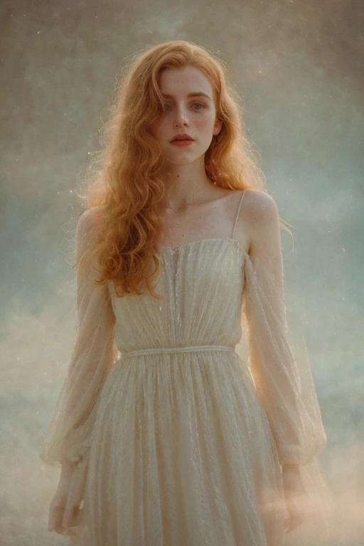 Irish), (swiss) and (Czech), 19 year old pale skin, voluminous strawberry blonde hair, beauty, beautiful girl, thin, skinny, beauty, beautiful girl, wearing, a ethereal dress, standing next in an avant garde hotel, ((heavy gaussian blur)), ((soft lighting)), (((extremely hazy:1.2))), ((film grain)), (extremely bright), vintage film, (dreamy atmosphere), bright vivid colors, portrait, from below shot
