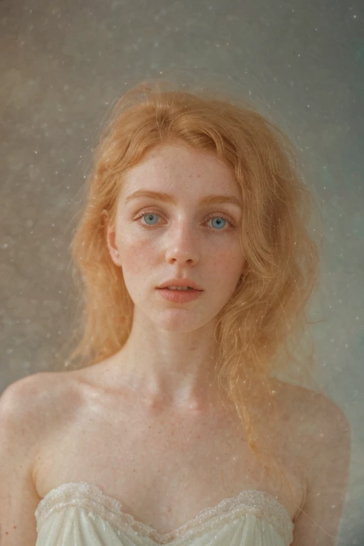 Irish), (swiss) and (Czech), 19 year old pale skin, voluminous strawberry blonde hair, beauty, beautiful girl, thin, skinny, beauty, beautiful girl, wearing, a ethereal dress, standing next in an avant garde hotel, ((heavy gaussian blur)), ((soft lighting)), (((extremely hazy:1.2))), ((film grain)), (extremely bright), vintage film, (dreamy atmosphere), bright vivid colors, portrait, from below shot
