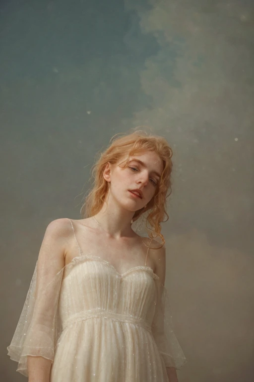 Irish), (swiss) and (Czech), 19 year old pale skin, voluminous strawberry blonde hair, beauty, beautiful girl, thin, skinny, beauty, beautiful girl, wearing, a ethereal dress, standing next in an avant garde hotel, ((heavy gaussian blur)), ((soft lighting)), (((extremely hazy:1.2))), ((film grain)), (extremely bright), vintage film, (dreamy atmosphere), bright vivid colors, portrait, from below shot