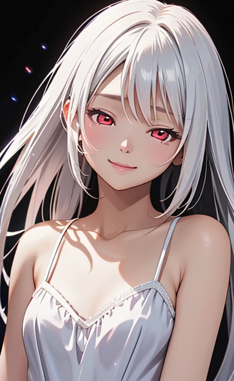 (Photorealistic:1.4)、asuna,(masterpiece、lens flare:1.5、spot light:1.2、Exquisite beautiful eyeonochrome:1.5,portlate、)、Cute Face、 3D Face、(white hair:1.5、Straight Hair)、(1 Girl)、(Red eyes:1.2)、(upper body)、(Sundress)、 (Cute face:1.2),(light smile:1.2),(half closed eyes:1.5),kind face,(Small breasts),(black background:1.5)、(glowing eyes:1.3)、()、 Neat and clean、Adorable、Slim Body(Tareme:1.5),Shiny Hair、(Glowing pink Skin)、Nijisketch,Manga,zydG
