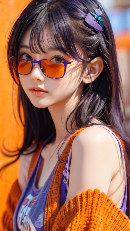 Thunder General, Purple Hair, Purple Eyes, A girl wearing trendy orange sunglasses , Orange background, portrait