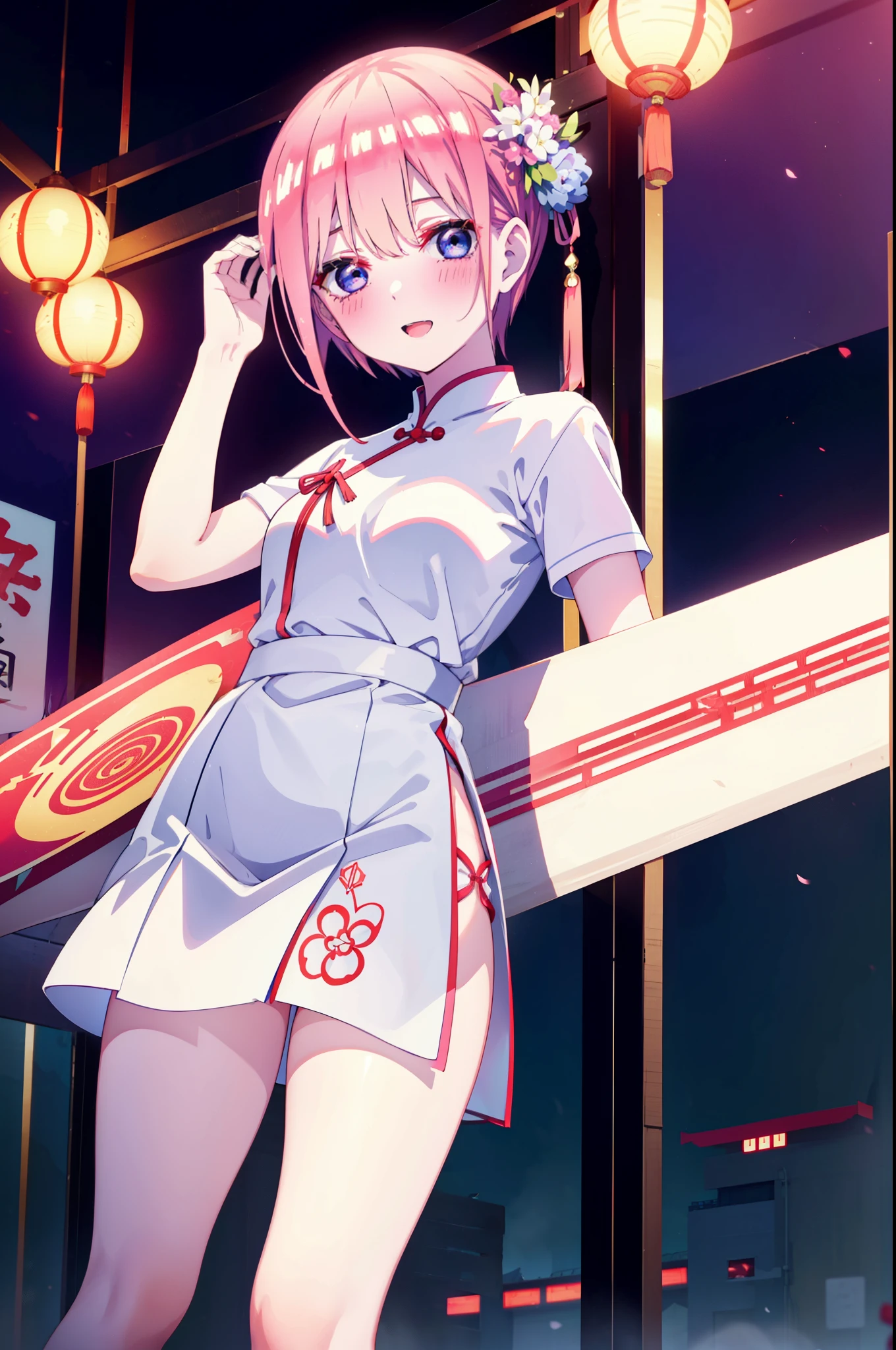 ichikanakano, ichika nakano, short hair, bangs, blue eyes, Hair between the eyes, Pink Hair, One side up, happy smile, smile, Open your mouth,blush,Open your mouth,White cheongsam,White China Slit,Black pantyhose,Stiletto heels,Put your arms behind your back and look,To include nudity in the illustrations,
break ourdoors, Chinese-style cityscape, break looking at viewer, whole body,
break (masterpiece:1.2), highest quality, High resolution, unity 8k wallpaper, (shape:0.8), (Fine and beautiful eyes:1.6), Highly detailed face, Perfect lighting, Highly detailed CG, (Perfect hands, Perfect Anatomy),