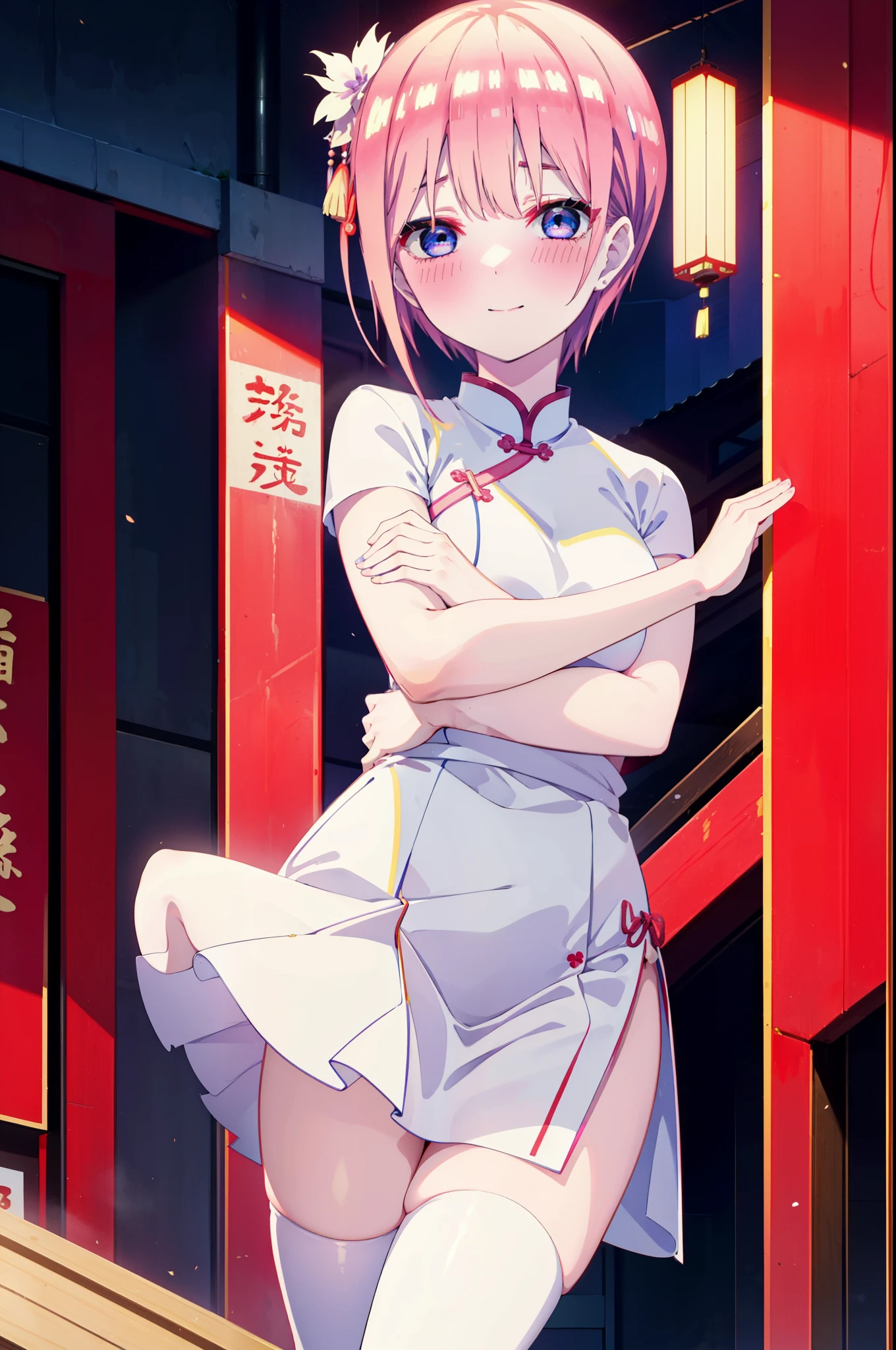 ichikanakano, ichika nakano, short hair, bangs, blue eyes, Hair between the eyes, Pink Hair, One side up, happy smile, smile, Open your mouth,blush,Open your mouth,White cheongsam,White China Slit,Black pantyhose,Stiletto heels,Put your arms behind your back and look,To include nudity in the illustrations,
break ourdoors, Chinese-style cityscape, break looking at viewer, whole body,
break (masterpiece:1.2), highest quality, High resolution, unity 8k wallpaper, (shape:0.8), (Fine and beautiful eyes:1.6), Highly detailed face, Perfect lighting, Highly detailed CG, (Perfect hands, Perfect Anatomy),