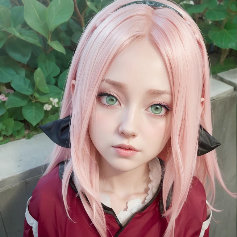 young woman, short shoulder-length pink hair, wide forehead, porcelain skin, pink eyebrows, big emerald green eyes, buttoned nose, full lips, heart-shaped face, slender body, small breasts, red tank top, Sakura Haruno , realistic, realism, details, 3d, well detailed