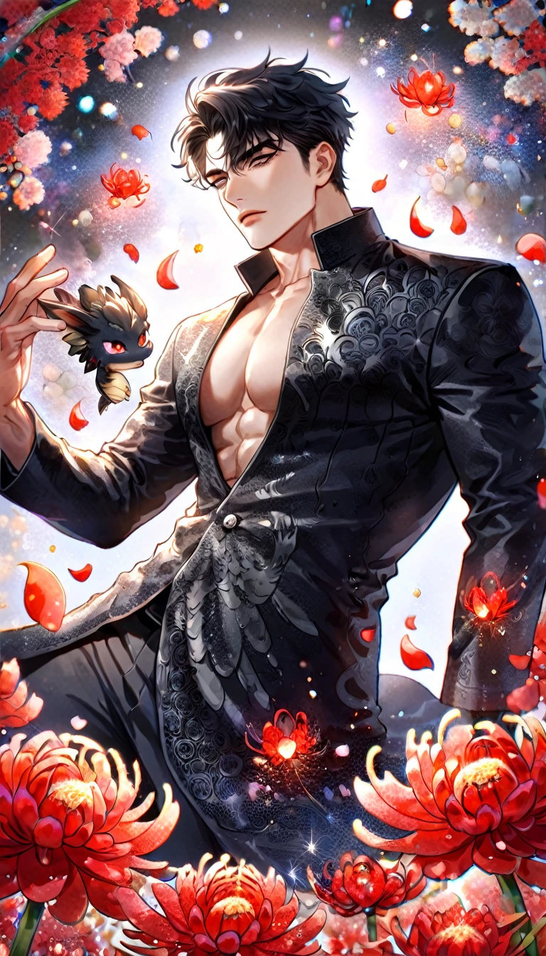 (absurdres, highres, ultra detailed, HDR) master piece, best quality, Yoo Joonghyuk, black hair, expressive gray eyes, omniscient reader's viewpoint, solo, sexy man, hugging a small dragon, handsome, toned chest, black clothes, patterns, magical fantasy, red butterflies, glittering, sparkling, red spider lilies, petals, radiant