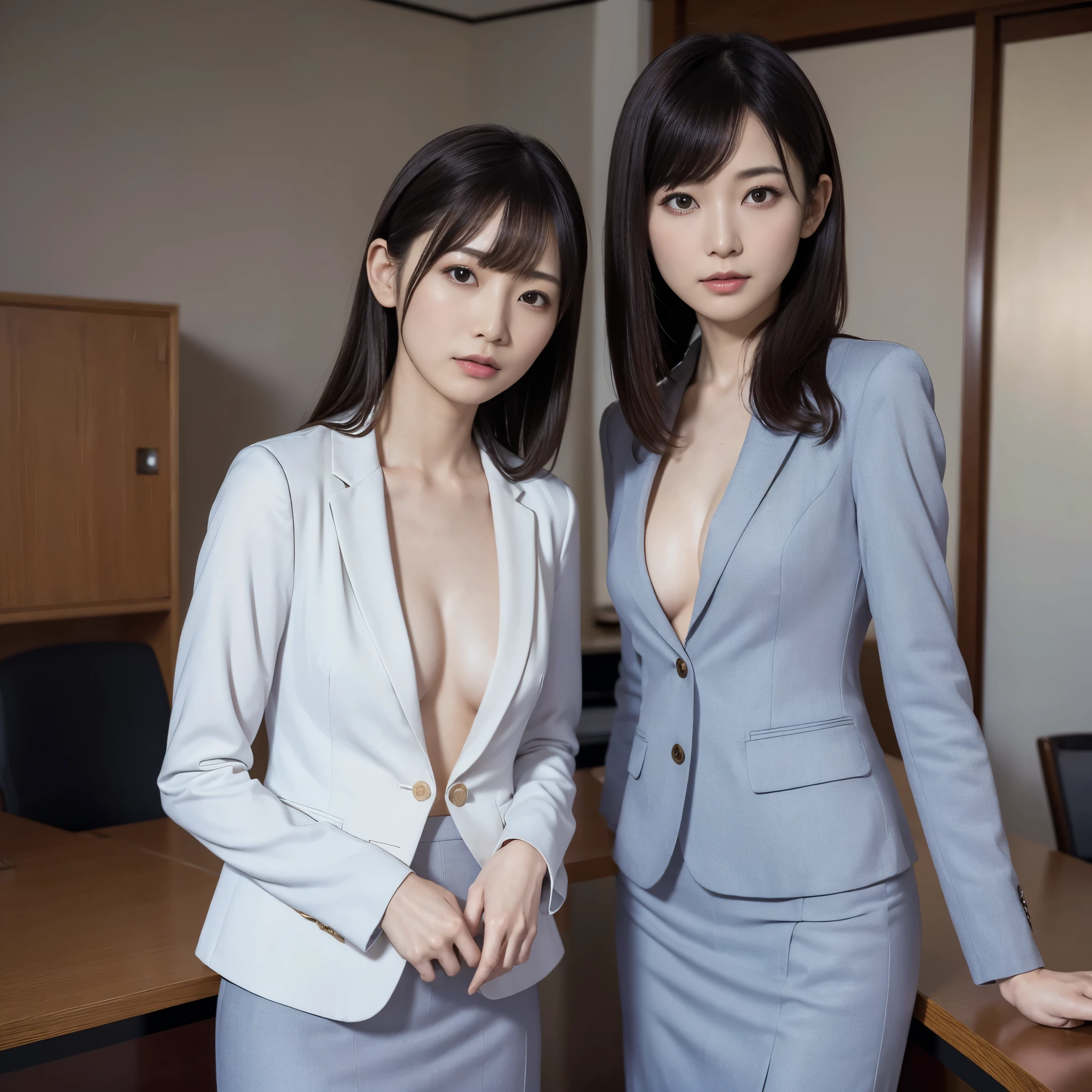 suit,2 lady,realistic,(ultra quality:1.2),japanese,high quality,masterpiece,(ultra detailed:1.4),60yo japanese lady,beautiful face,(real bra under suit:1.0),(skirt-suit:1.1),((office)),(small breast:1.4),slender,highres,