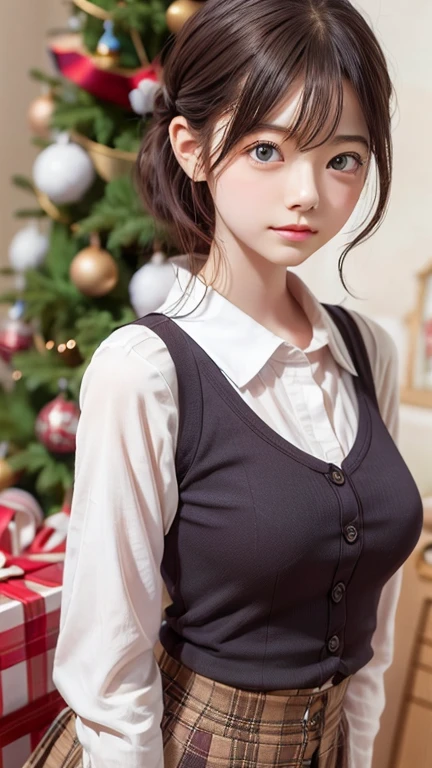 Emma Stone, 黑色of_hair, Vague, Vague_background, Vague_prospect, Bokeh, breast, 棕色of_Eye, Button_gap, Buttons, Christmas_Tree, cleveage, 领子of_shirt, role play_photo, depth_of_site, 大of_breast, Lips,