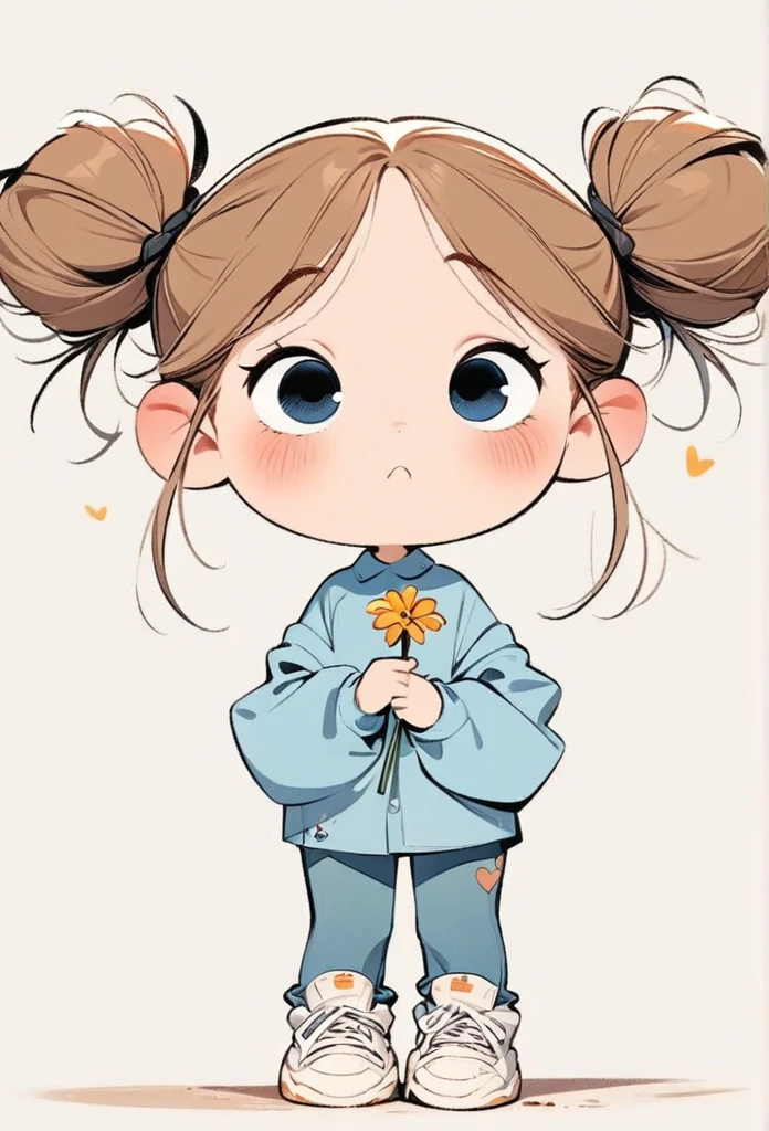 (masterpiece, best quality:1.2), cartoonish character design。1 girl holding a flower, alone,big eyes,cute expression,Two hair buns,blue shirt,jeans,White sneakers,stand,interesting,interesting,clean lines, soft background