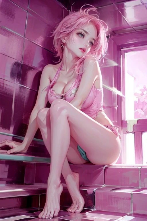 1girl,solo,cute,pink hair,cleavage,in bathroom,take a bath,stretch leg,bare foot,leg focus,low angle