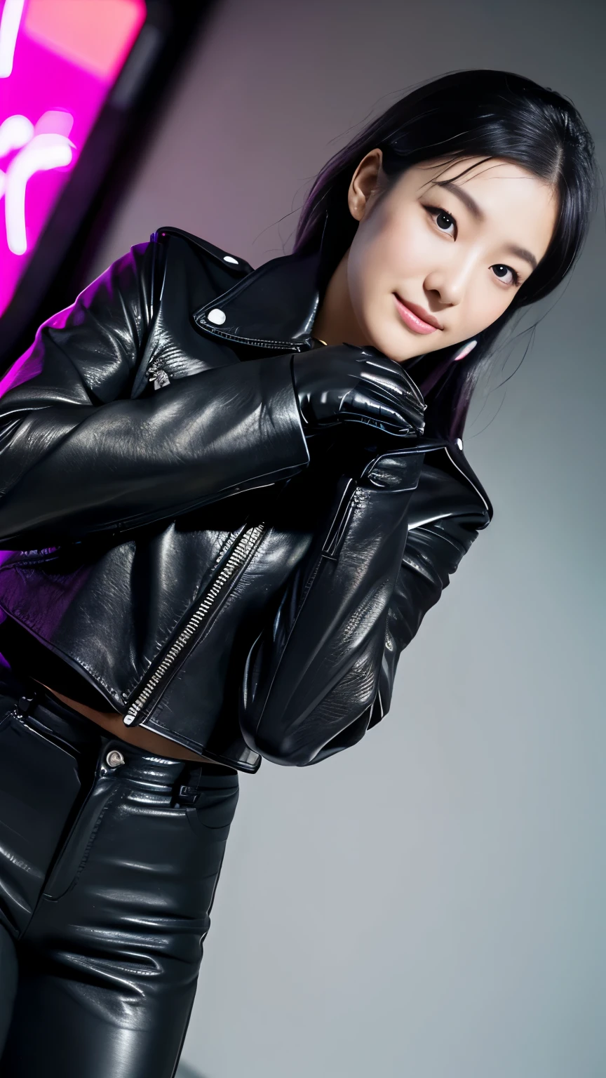 black leather rider jacket, Office in the Dark, Black leather gloved fingertips on both hands,Wearing black leather gloves,Sitting in a black leather chair、 Japanese female new recruits (Black leather gloves cover both hands) (The angle is horizontal)、Black Leather Pants,Black Leather Black Leather Pants,Black Leather Skinny Pants、Long black leather boots on both feet、Black hair ponytail ((He wears black leather gloves on his hands))Full Body Photo,full body shot full body full body leather suit,☺If you turn in this direction。Wearing black leather gloves,Wearing black leather gloves,Wearing black leather gloves,Wearing black leather gloves,Wearing black leather gloves,Wearing black leather gloves,黒のレザーパンツが美しい😍黒のレザーパンツが美しい😍黒のレザーパンツが美しい,😍Smiling while looking at me,City lights、((Neon Cyberpunk City Street:1.3))、(Neon Light)、Detailed lighting、
Best image quality、Ultra-high resolution、(realism:1.4)、Korean Beauty Star、The most beautiful KPOP stars、face、Horny Korean Makeup、A body that makes you want to touch it、Realistic leather texture、Costume made of smooth leather fabric、The drape of the curved parts of the leather fabric、The costume is very shiny、Quality of the costume、8K Photo Quality
