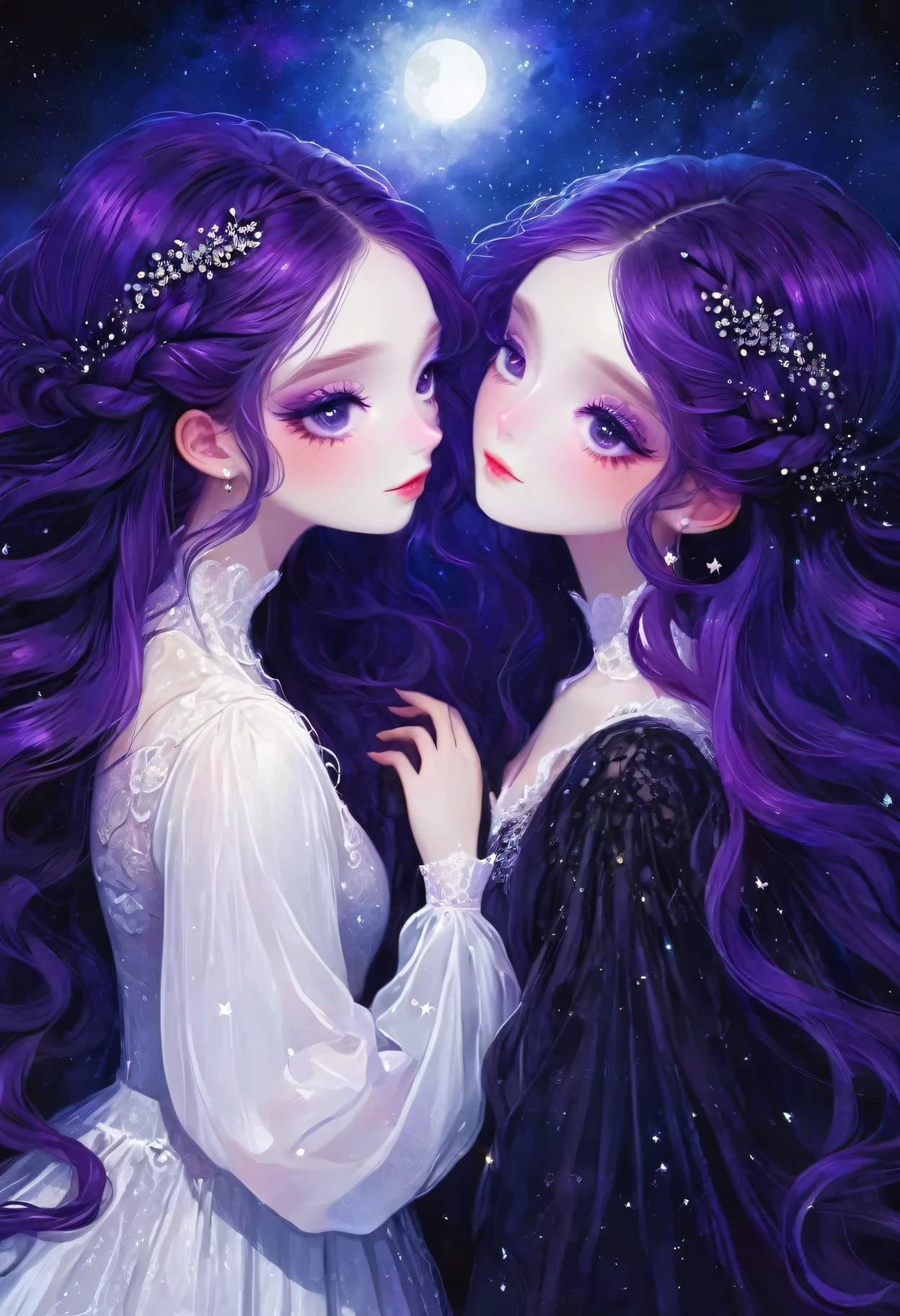 rough texture，Hand drawn style：A couple of lovers staring at each other，Fractal Art，yinji, purple hair, purple eyes, long hair, double braids, gradient hair, Gothic style clothing，see-through clothes，Lace ，Dark Fantasy，Dramatic lighting，cinematic composition, Theatrical atmosphere，Chiaroscuro，Gothic，Melancholy，mystery，Ethereal atmosphere，universe，Psychedelic，dream，fear，Milky Way, Night sky, Star,