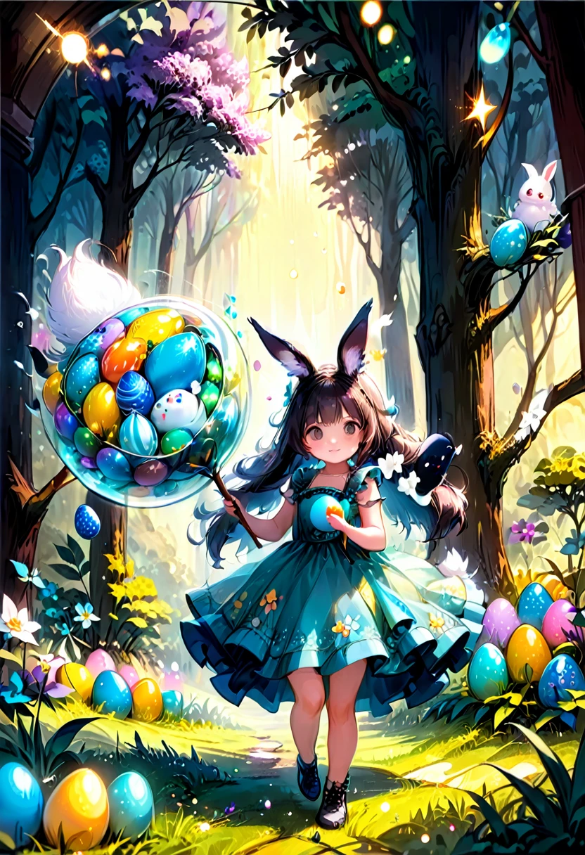 a cute girl with long fluffy rabbit ears, rabbit ears, The most beautiful amazing incredible stunning cutest  rabbit searching for Easter eggs with a littpy human girl in an easter dress, fluffy, adorable, cute, hyperdetailed, cinematic, Easter egg hunt, sparkles, glitter, a midnight "garden covered in glitter, magic and sparks" : extreme detail : intricate motifs : by Bastien Lecouffe Deharme : jeremy mann : andree wallin : deep depth of field : bright dramatic lighting : craig mullins : radial : maximalist : deviantart : Ray Tracing : Yoshikata Amano; Edwin Landseer; Ismail Inceoglu; Russ Mills: Victo Ngai; Bella Kotak; 3d; intricate filigree : perfect composition