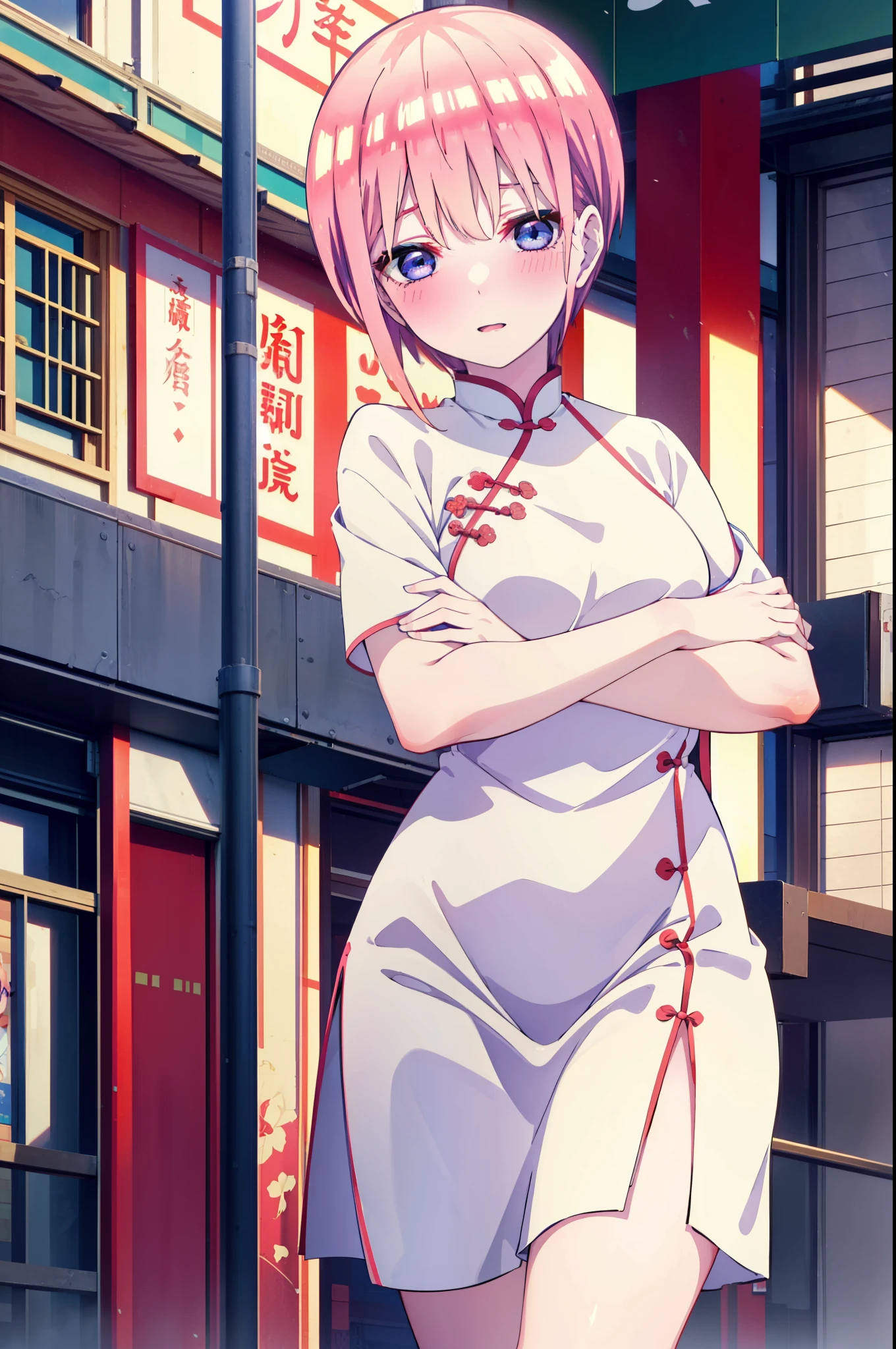 ichikanakano, ichika nakano, short hair, bangs, blue eyes, Hair between the eyes, Pink Hair, One side up, happy smile, smile, Open your mouth,blush,Open your mouth,White cheongsam,White long slit,Stiletto heels,Put your arms behind your back and look,To include nudity in the illustrations,
break ourdoors, Chinese-style cityscape,                           break looking at viewer, whole body,
break (masterpiece:1.2), highest quality, High resolution, unity 8k wallpaper, (shape:0.8), (Fine and beautiful eyes:1.6), Highly detailed face, Perfect lighting, Highly detailed CG, (Perfect hands, Perfect Anatomy),