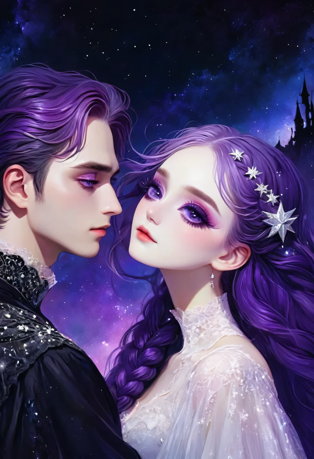 rough texture,Hand drawn style:A couple of lovers staring at each other,Fractal Art,yinji, purple hair, purple eyes, long hair, double braids, gradient hair, Gothic style clothing,see-through clothes,Lace ,Dark Fantasy,Dramatic lighting,cinematic composition, Theatrical atmosphere,Chiaroscuro,Gothic,Melancholy,mystery,Ethereal atmosphere,universe,Psychedelic,dream,fear,Milky Way, Night sky, Star,