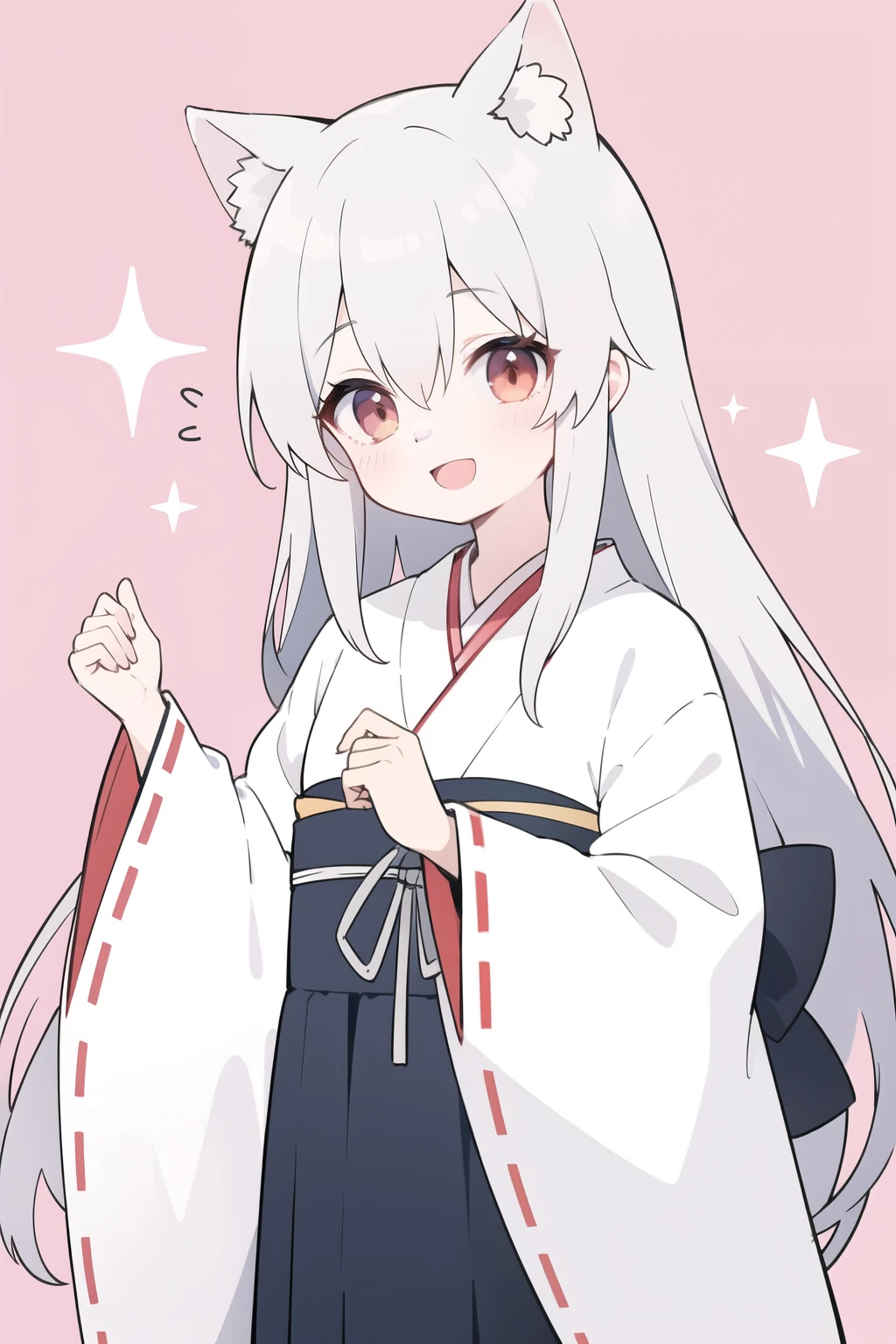 Yuka Shiina,1 Girl,Virtual YouTuber,Animal ears,Japanese clothes,Solitary,long hair,Animal ears绒毛,skirt,Shrine maiden,besides,ribbon-trimmeD sleeves,Ribbon trim,very long hair,Bangs,Smile,besides skirt,kimono,wiDe sleeves,Long sleeve,pink backgrounD,white kimono,Sleeves extend beyond wrists,open mouth,reD besides,Hair between the eyes,:D,Cat ears,blush,white hair,reD eyes,two-tone backgrounD,Brown eyes,Silver hair,look up,