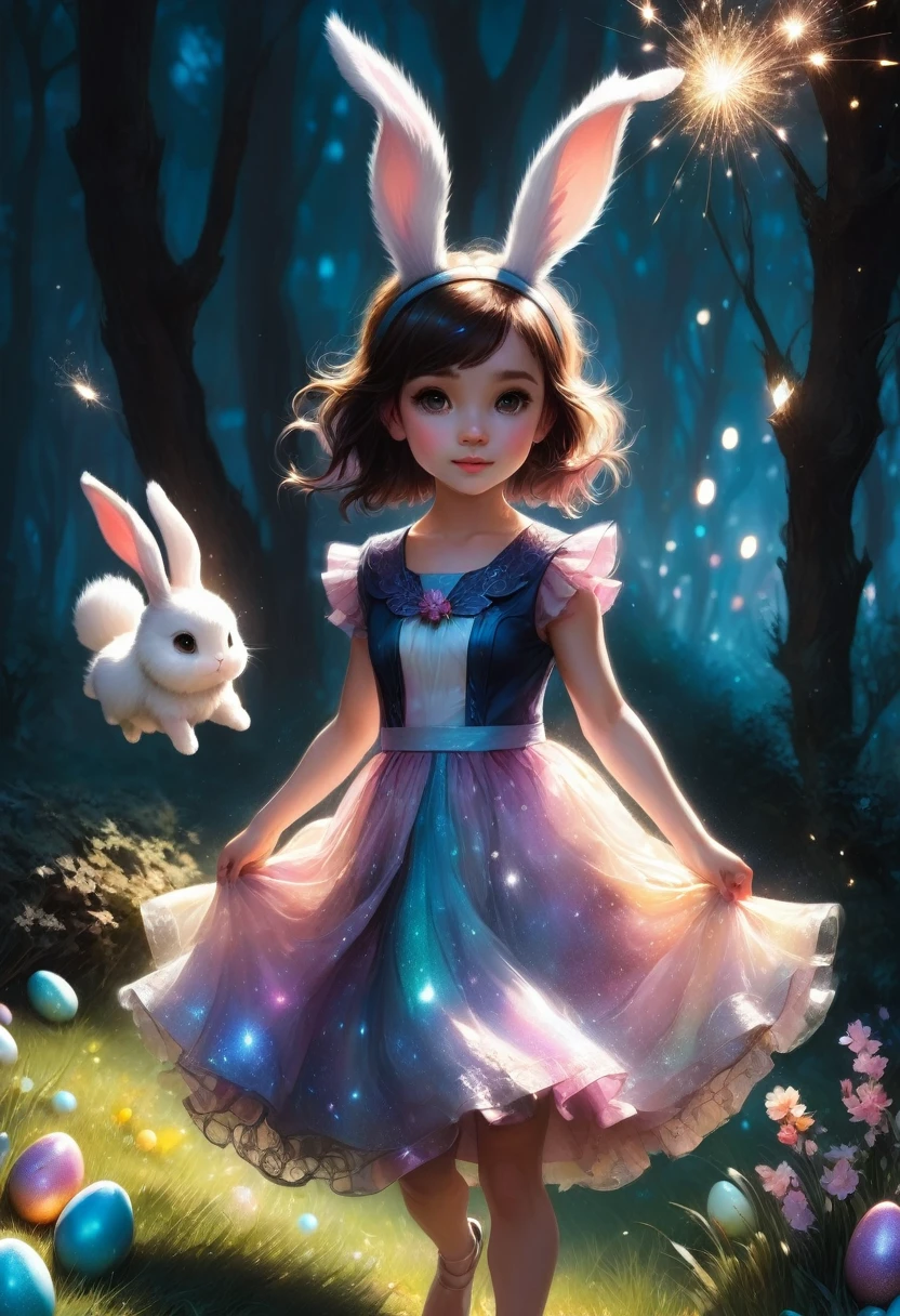 a cute girl with long fluffy rabbit ears, rabbit ears, The most beautiful amazing incredible stunning cutest  rabbit searching for Easter eggs with a littpy human girl in an easter dress, fluffy, adorable, cute, hyperdetailed, cinematic, Easter egg hunt, sparkles, glitter, a midnight "garden covered in glitter, magic and sparks" : extreme detail : intricate motifs : by Bastien Lecouffe Deharme : jeremy mann : andree wallin : deep depth of field : bright dramatic lighting : craig mullins : radial : maximalist : deviantart : Ray Tracing : Yoshikata Amano; Edwin Landseer; Ismail Inceoglu; Russ Mills: Victo Ngai; Bella Kotak; 3d; intricate filigree : perfect composition