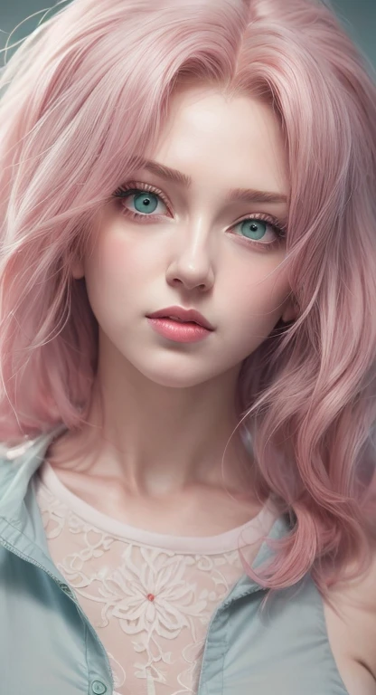 young woman, short shoulder-length pink hair, wide forehead, porcelain skin, pink eyebrows, big emerald green eyes, buttoned nose, full lips, heart-shaped face, slender body, small breasts, red tank top, Sakura Haruno , realistic, realism, details, 3d, well detailed
