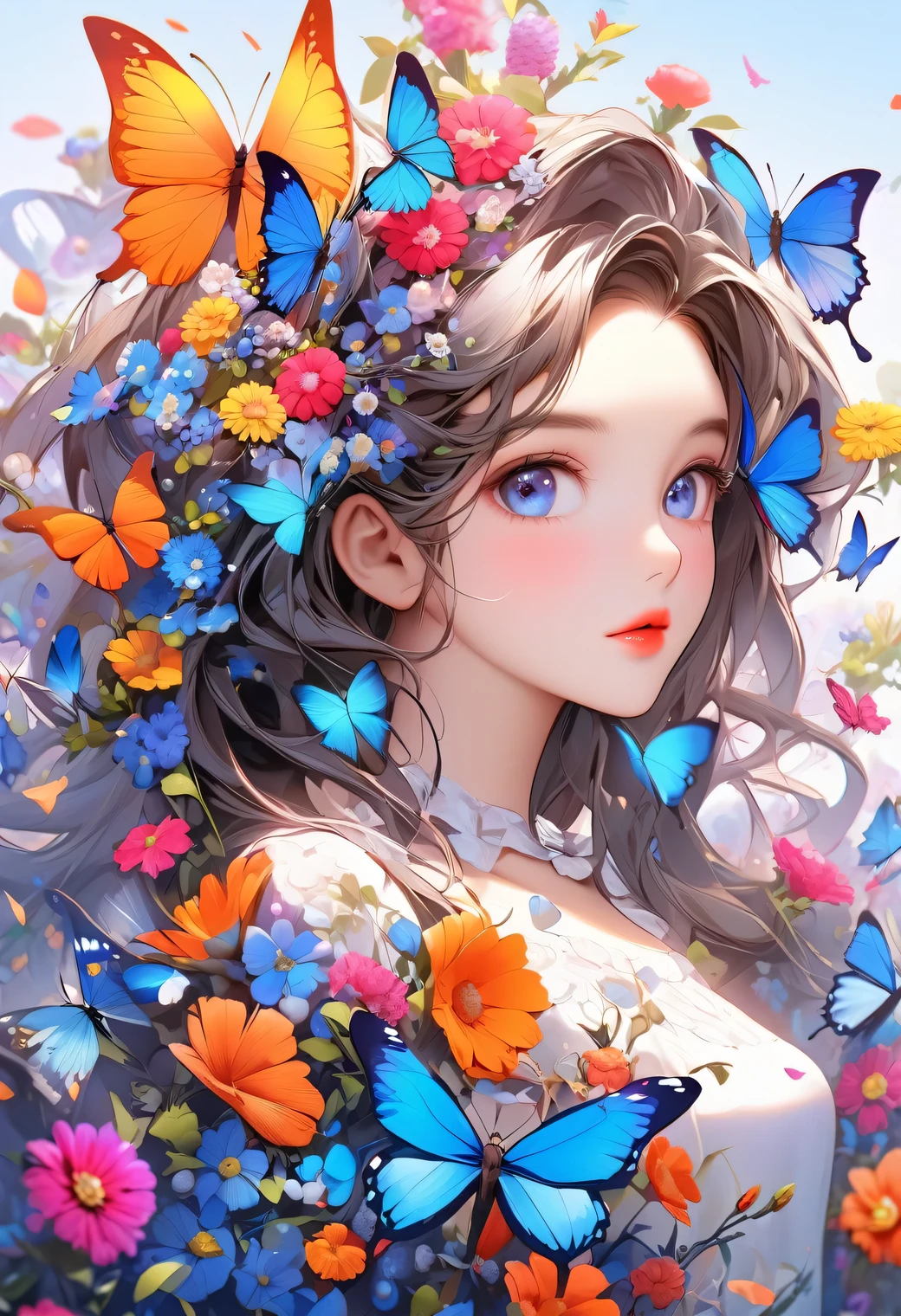 raw photo:1.2, masterpiece, highest quality, 16k, unbelievably absurd, very detailed, perfect beauty, beautiful cute girl, butterflies, flowers, vibrant colors, 