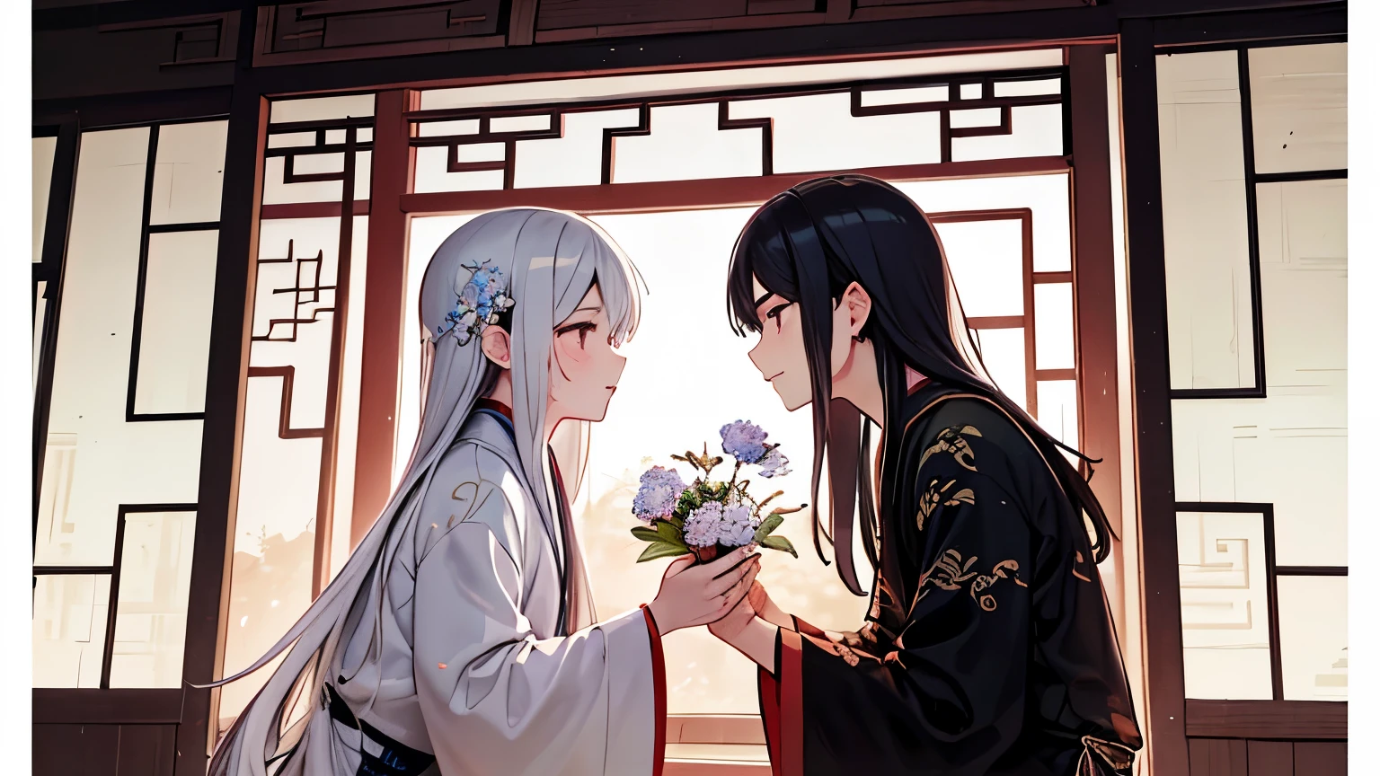 2 boys,Long hair,Look at each other affectionately,,flower,apparel,Chinese painting,huaniao,Ancient Town,National style fantasy,Blue Moon