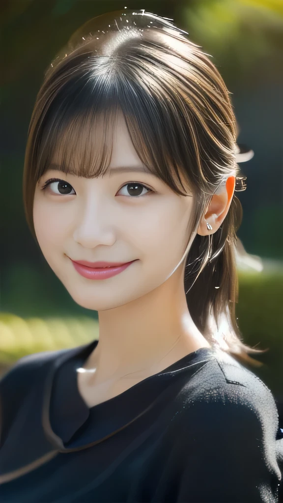 (8k, RAW photo, best quality, masterpiece:1.2), (realistic, photo-realistic:1.4), (extremely detailed 8k wallpaper), sharp focus, depth of field, blur background, bokeh,Do not split,(Japanese Woman),20-year-old woman,ponytail,(White blouse: 1.5),(black skirt: 1.5).(Looking at viewer),((super fine face)), Standing posture,The whole body was photographed,smile,full body