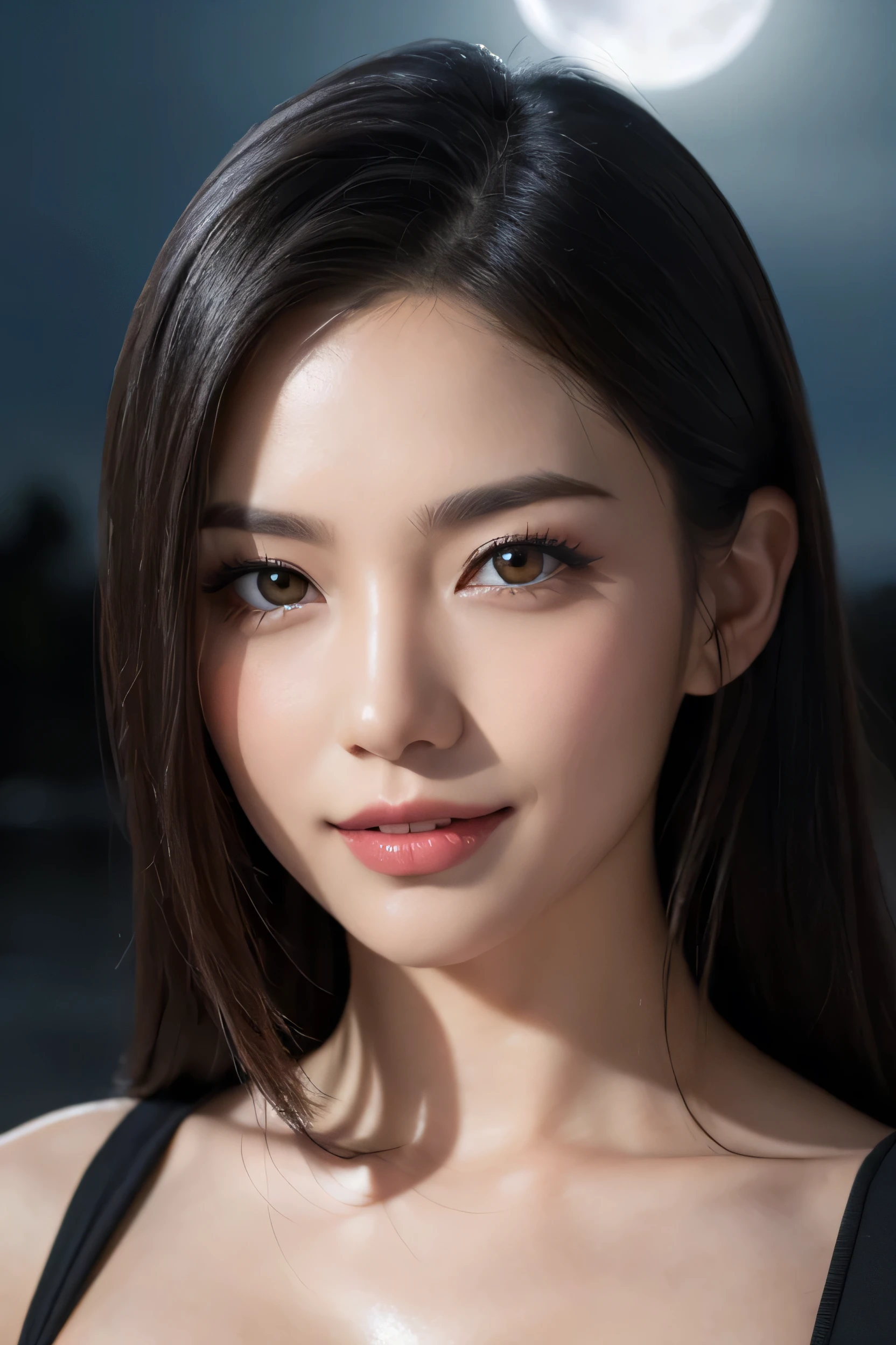 Body portrait, 8K, thin and beautiful eyes, Dindal effect, masterpiece, top quality, high quality, high resolution, very detailed photo, (natural skin texture, fine skin, hyper realism, super sharpness), high detail skin, (very fine) ), fine skin texture, fine detail, beautiful face, (realistic face), realistic eyes, beautiful and detailed eyes, realistic skin, beautiful skin, surreal, high definition Golden ratio, double eyelids, cute smile, smiling, bursting with laughter, smiling eyes, ((moonlight background at night)) ), body portrait, G cup, big breasts, big breasts, big breasts, glamorous, sexy knit dress,
