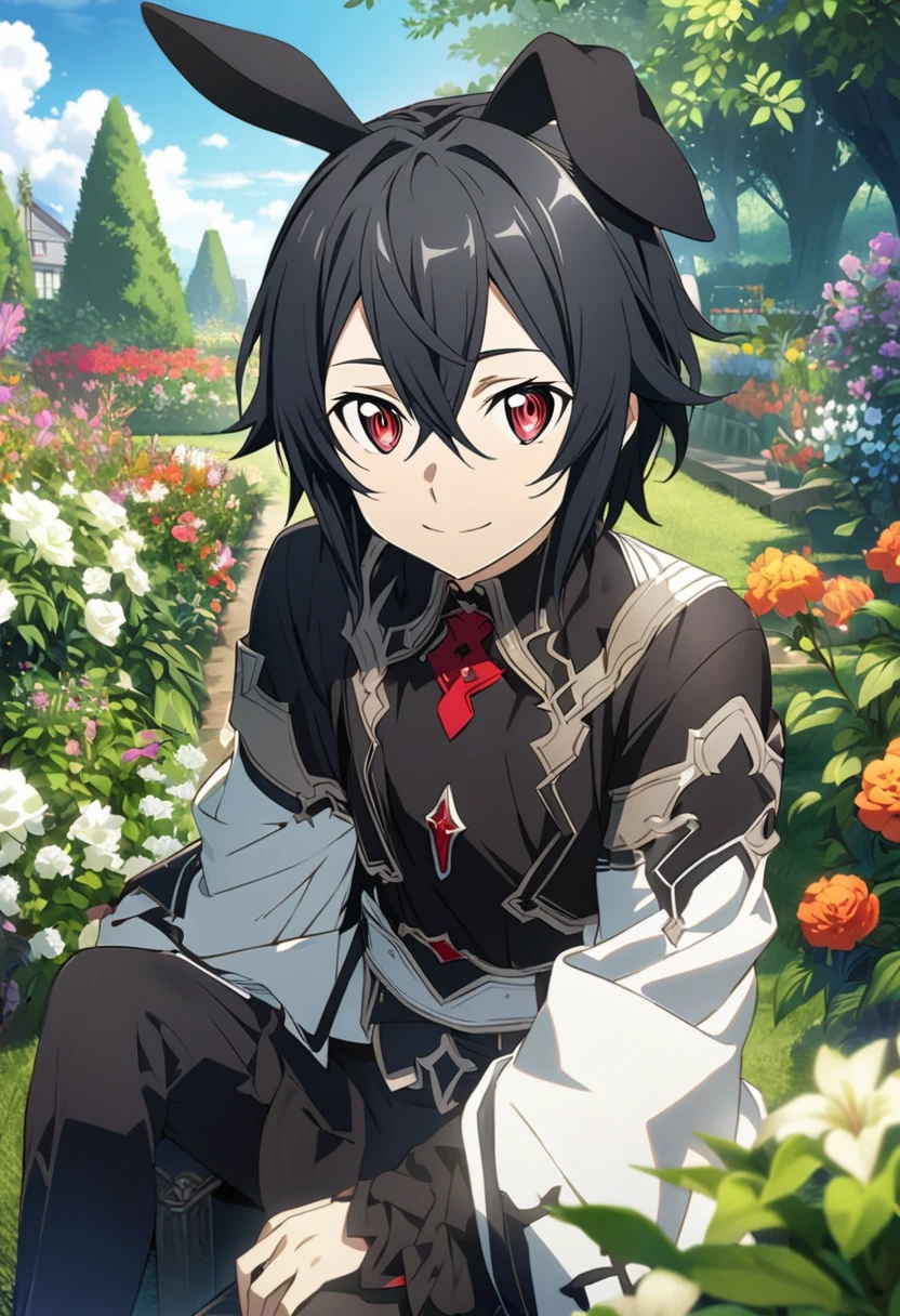 Hyakuya Mikaela \(Sword Art Online\), short black hair, ruby red eyes:1.2, dark costume, bangs, gentle smile, black bunny ears, ((ultra-detailed)), ((illustration)), ((neat hair)), (beautiful detailed eyes), male, 1boy, sitting, ((garden, sky)), looking at viewer