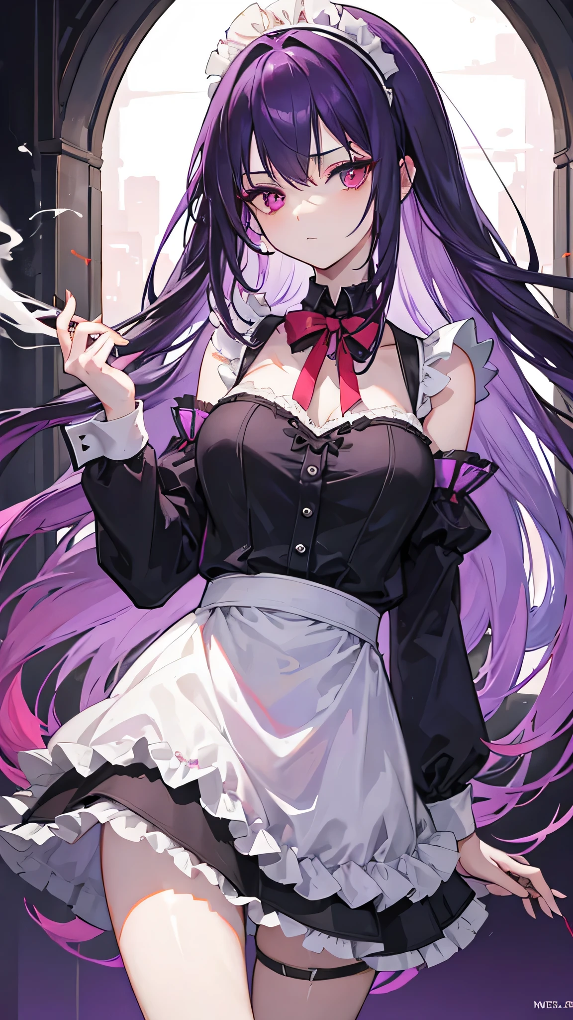 (Female, 20s) Cigarette in mouth, dark purple hair, long hair, maid outfit, backlighting, high resolution, odd eyes, red eyes, amber eyes, movie-like atmosphere, gun pointed, one-handed,