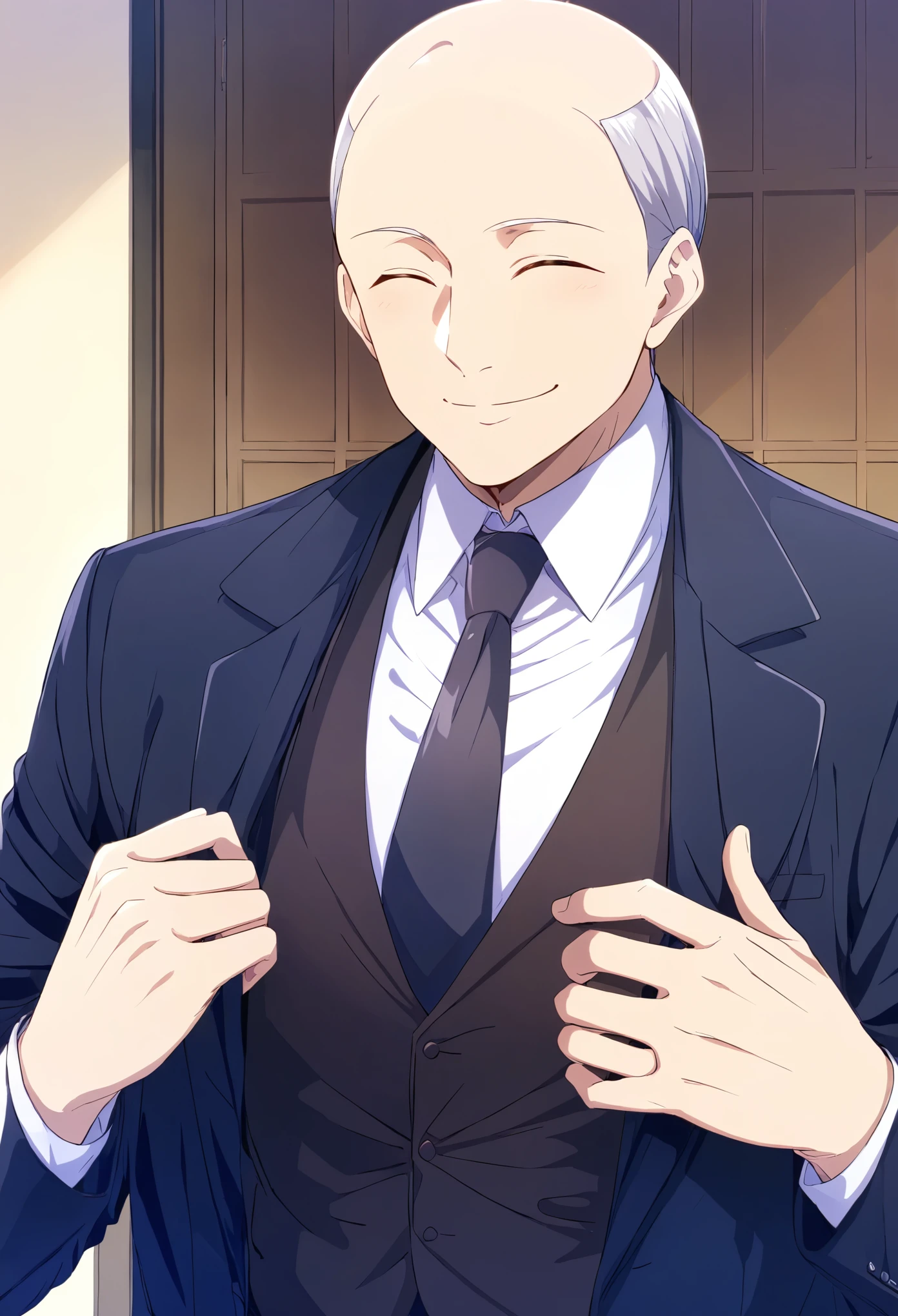 1boy,male focus,solo,necktie,closed eyes,smile,old,formal,grey hair,jacket,upper body,shirt,vest,suit,old man,white shirt,bald,
