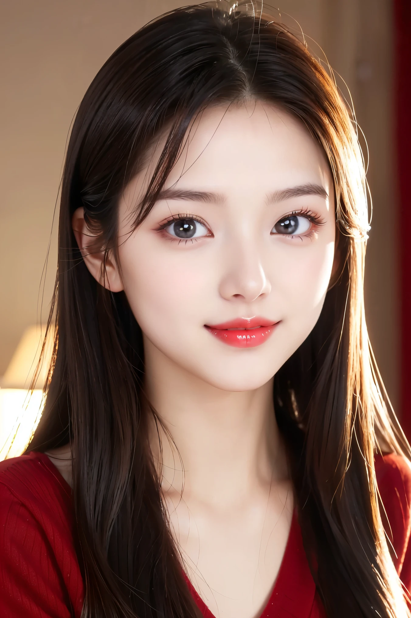 (highest quality、Tabletop、8k、Best image quality、Award-winning works)、(One Girl, :1.3)、(Perfect V-neck long knit red sweater:1.3)、(Red eyeshadow:1.2)、Perfect Makeup、Long eyelashes、Ultra-high definition sparkling eyes、Ultra HD Hair、Ultra-high definition glossy lips、Ultra High Resolution Perfect Teeth、Ultra HD cute face、Brown Hair、(Very long straight hair:1.1)、Small cleavage、Look at me and smile、[clavicle]、Accurate anatomy、(Face close-up:1.3)、Luxury Love Hotel、(The most atmospheric and warm lighting:1.2)、Blurred Background