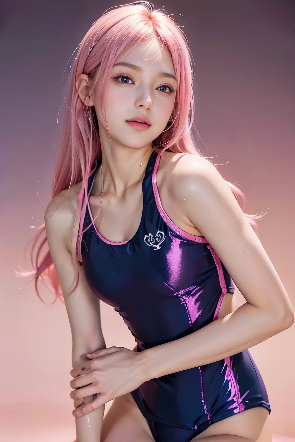(8k, highest quality, masterpiece:1,2), (Realistic, Photorealistic:1.37), Super Detail, One Girl,), (Very detailedな), (Beautiful and detailed eyes), (highest quality), (Very detailed ), (masterpiece), (Detailed face),20-year-old, ,1 girl, ((Pink Hair,Long Hair)), Medium chest, Dressed, Perfect lighting, break, (Navy blue:1.2), (white trim:1.2), (Anchor Pattern:1.2), (spandex:1.2), (Shiny school swimsuit:1.5), (Deep neckline:1.5),( Very shiny:1.2), (high cut leg:1.5), (Bodycon:1.3), (Ribbon Details:1.2), (No socks:1.1), (Navy heels:1.1), (Gold Jewelry:1.1), brake, (From the upper body to the knees:1.2), (long Pink Hair:1.2), (Wavy Hair:1.1), (Captivating smile:1.3), (Look down:1.2), (Tilt your hips:1.4), (Put your hands on the straps of your swimsuit:1.3), (Put one foot in front of the other:1.2), (Soft lighting:1.2), (Pink gradient background:1.1), brake (Sweat:1.5), (vapor:1.2), ( handjob gesture:1.2), (Girl trembling with sexual climax:1.1),